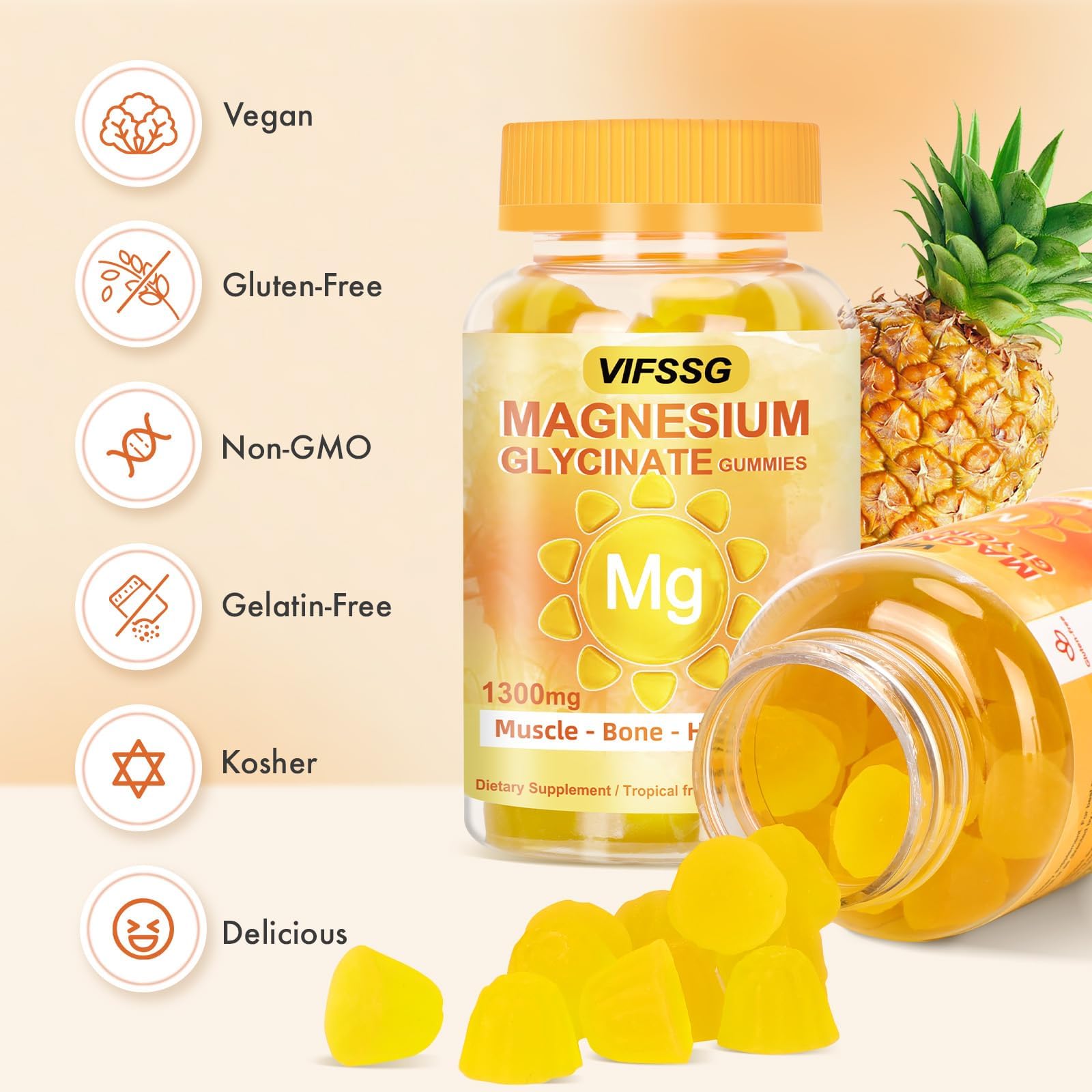 VIFSSG Magnesium Glycinate Gummies 500 Mg, Triple Magnesium Complex Sugar-Free Gummies with Malate 400 Mg, Citrate 400 Mg, Magnesium Supplement Chewable for Women & Men Vegan, Organic 60 Count VIFSSG Au supplements