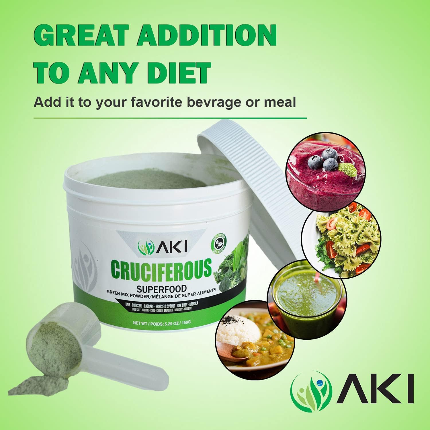 AKI Cruciferous Superfood Green Mix Powder - Made from Kale, Broccoli, Brussels Sprouts, Cabbage - Packed with Essential Phytonutrients & Vitamins ((5.3oz/150g)) AKI ORGANIC Au supplements