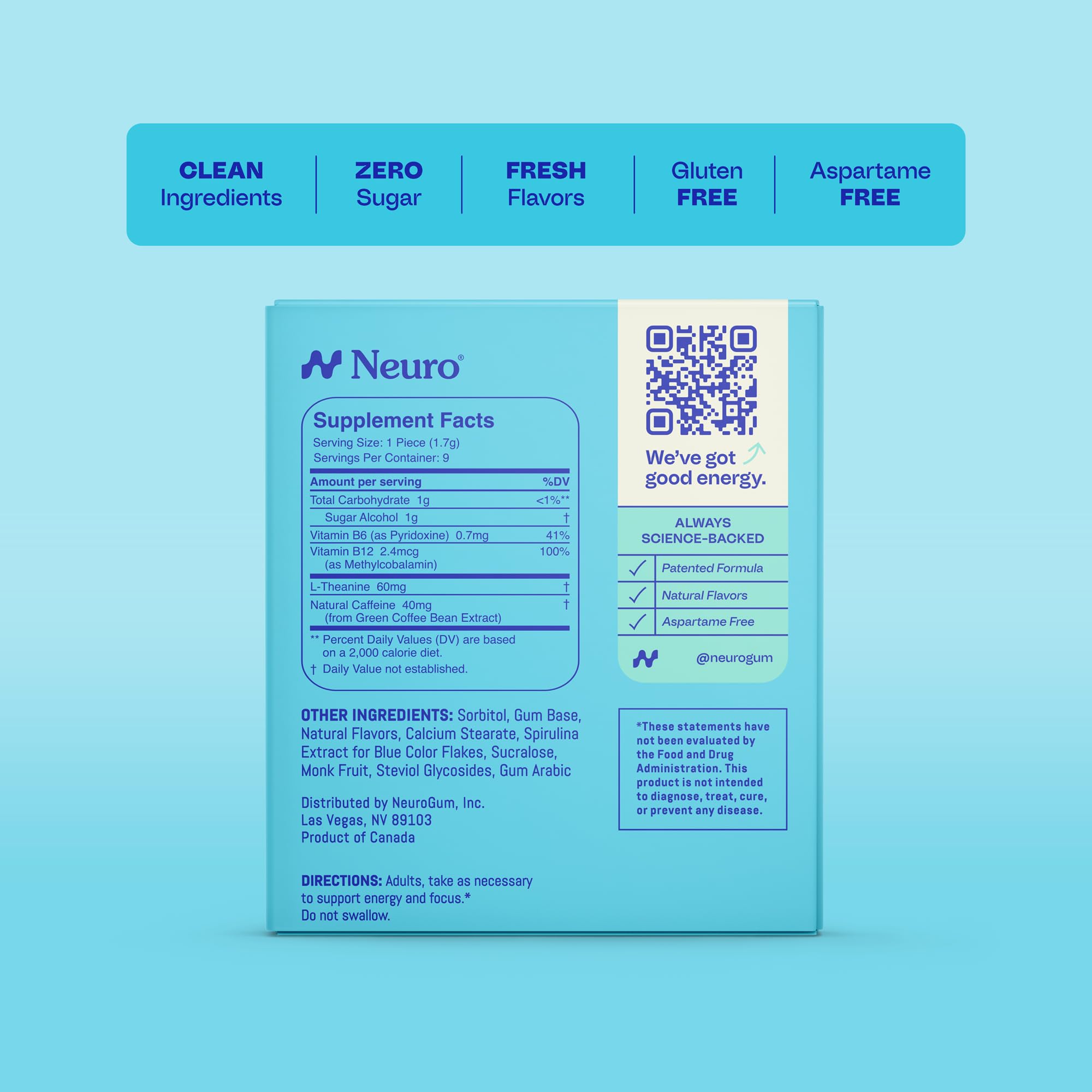 Neuro Energy & Focus Gum - 40mg Natural Caffeine Gum & Nootropic Energy Supplement with L-Theanine & B Vitamins - Sugar Free, Vegan - Peppermint, 54ct Neuro Au supplements