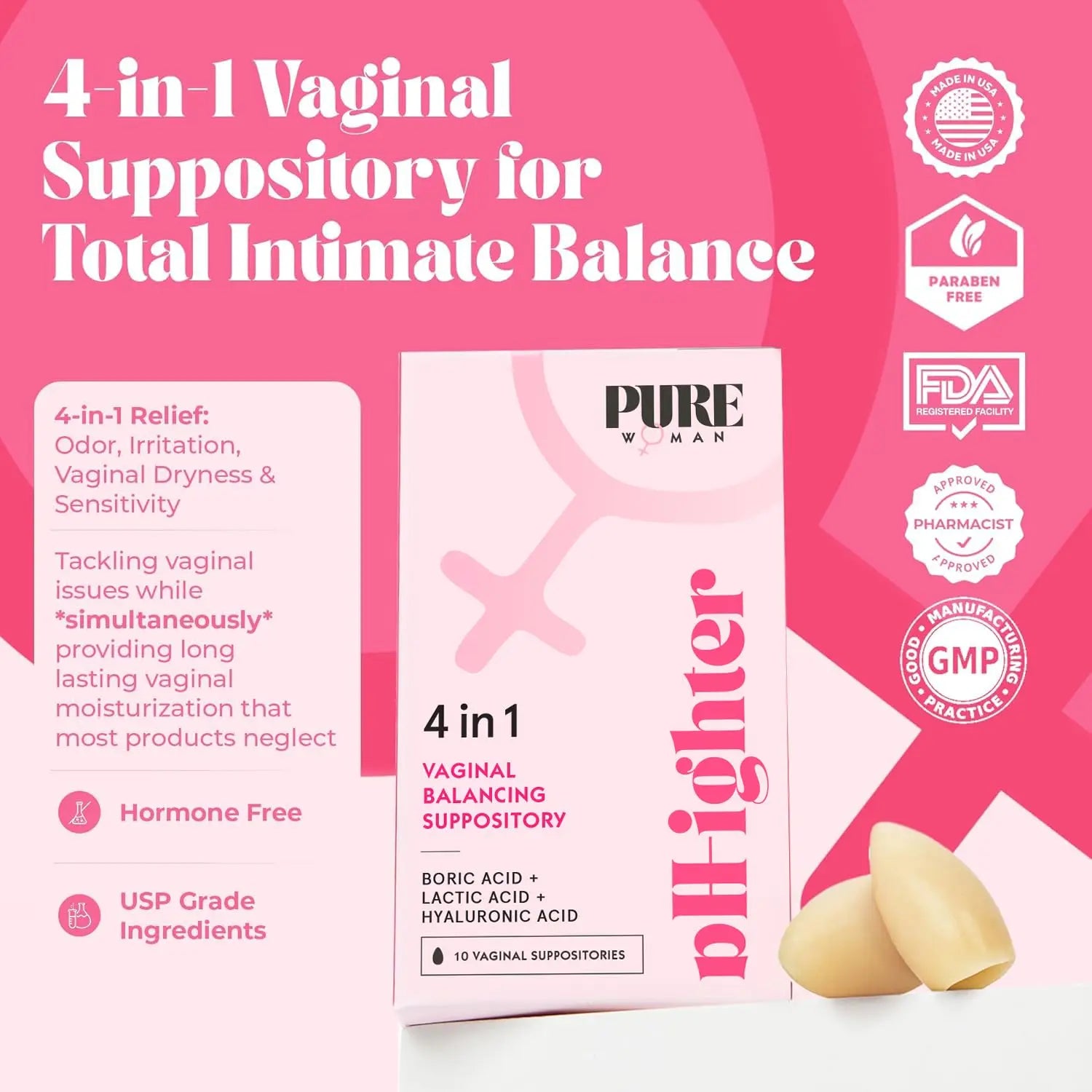 PURE WOMAN - pH-ighter Vaginal Boric Acid Suppositories for Women - Hyaluronic Acid - 4 in 1 Vaginal Suppositories for Discomfort, Dryness, Odor & pH Balance- Full Vaginal Health Care - 5pk PURE WOMAN Au supplements