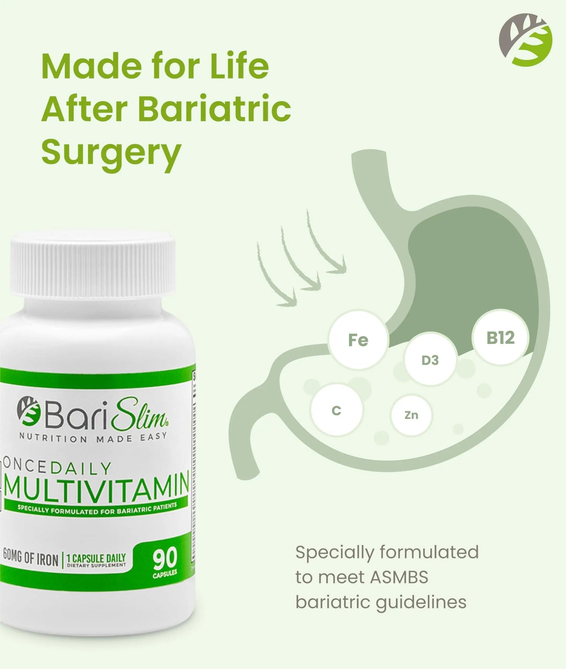 BariSlim Once Daily Bariatric Multivitamin Capsule - 60mg of Iron - Bariatric Vitamin & Supplement for Post WLS Surgery Including Gastric Bypass BariSlim Au supplements