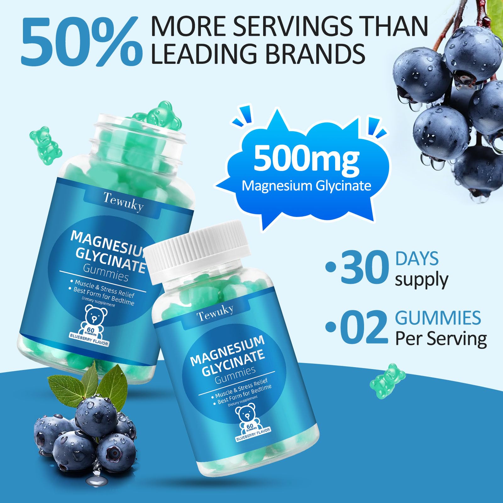 Magnesium Glycinate Gummies 500mg, Sugar-Free for Adults & Kids, Magnesium Gummies for Sleep, Stress & Muscle Relief, Supports Bone & Nerve Health, Vegan, Pectin-Based, 60 Count, Blueberry Flavor Tewuky Au supplements