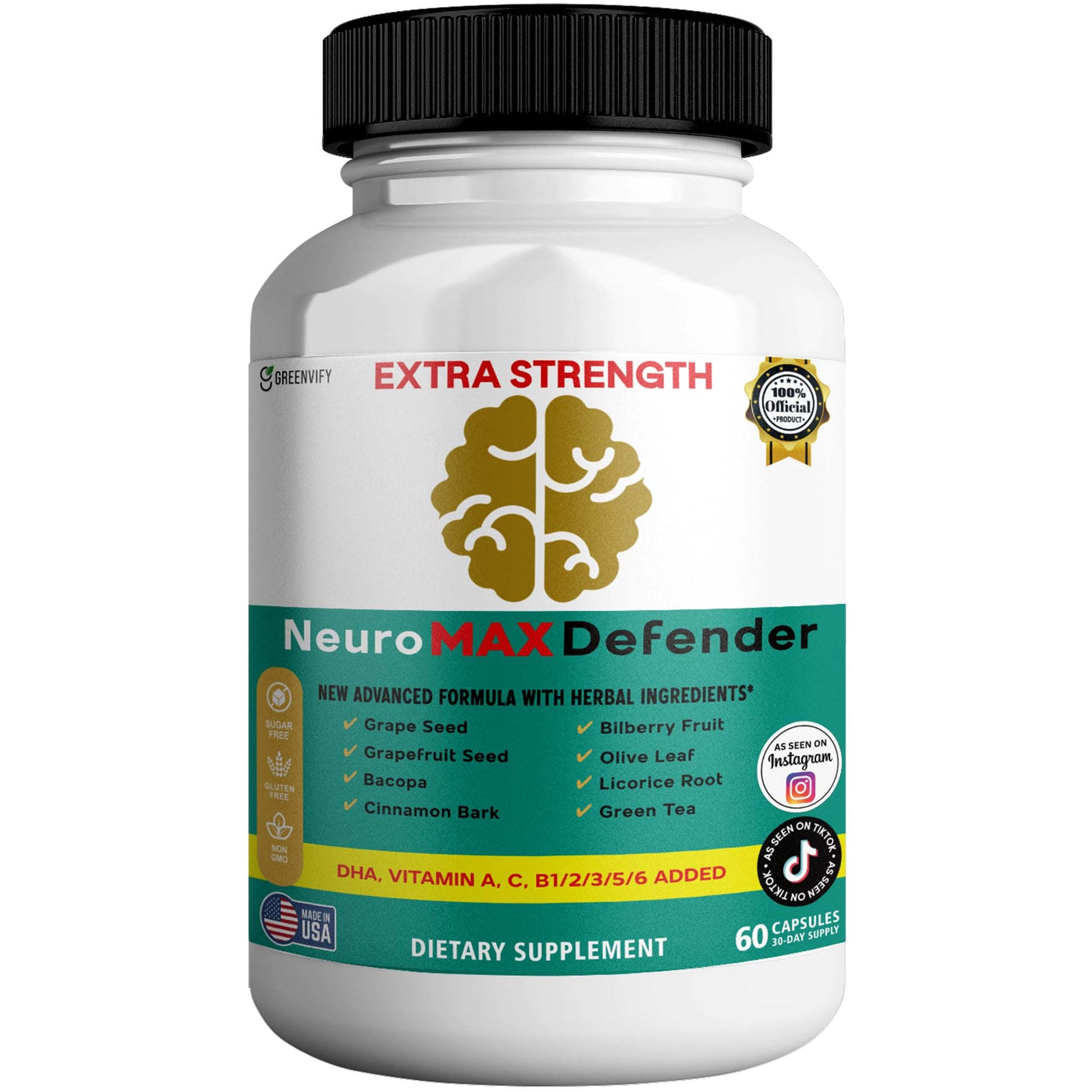 GREENVIFY NeuroMAX Defender Extra Strength Brain Support Supplement with Herbal Blend, 60 Capsules, DHA, B12, Vitamins A C D E, Selenium, 30-Day Supply (1) GREENVIFY Au supplements