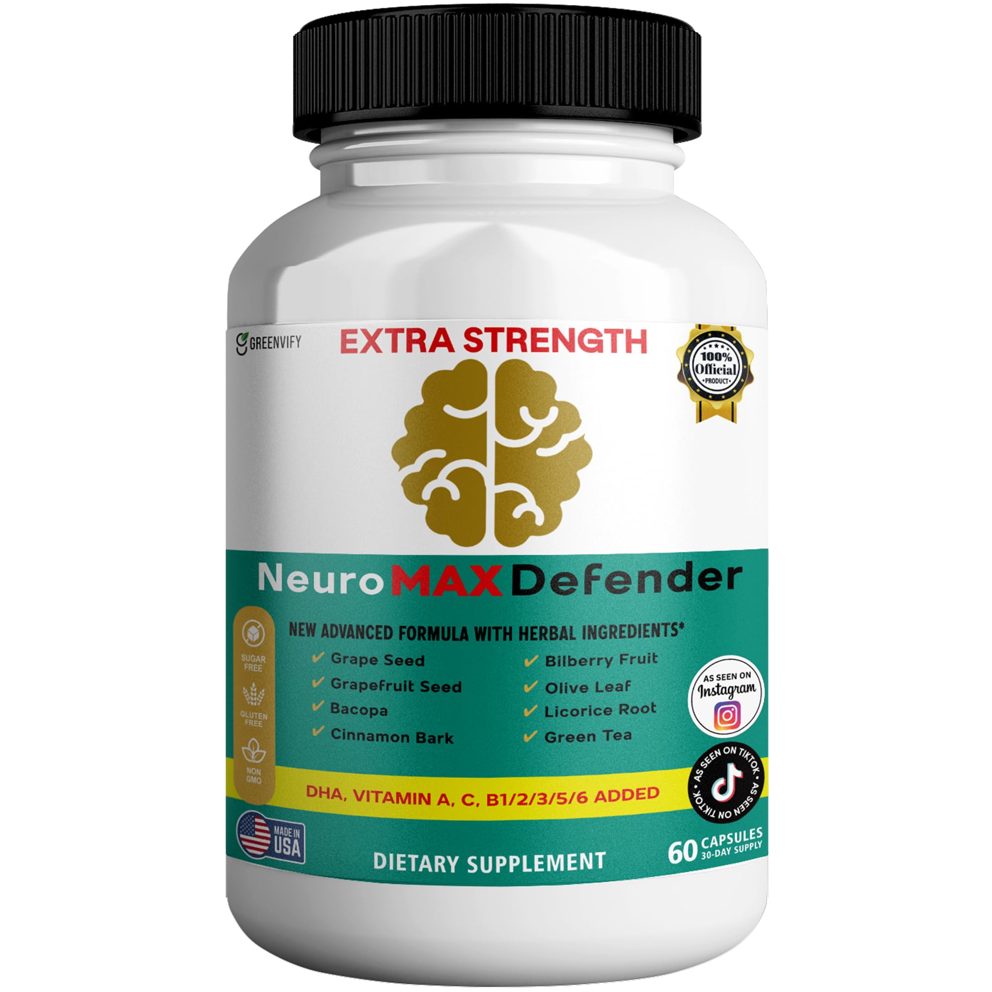 GREENVIFY NeuroMAX Defender Extra Strength Brain Support Supplement with Herbal Blend, 60 Capsules, DHA, B12, Vitamins A C D E, Selenium, 30-Day Supply (1) GREENVIFY Au supplements