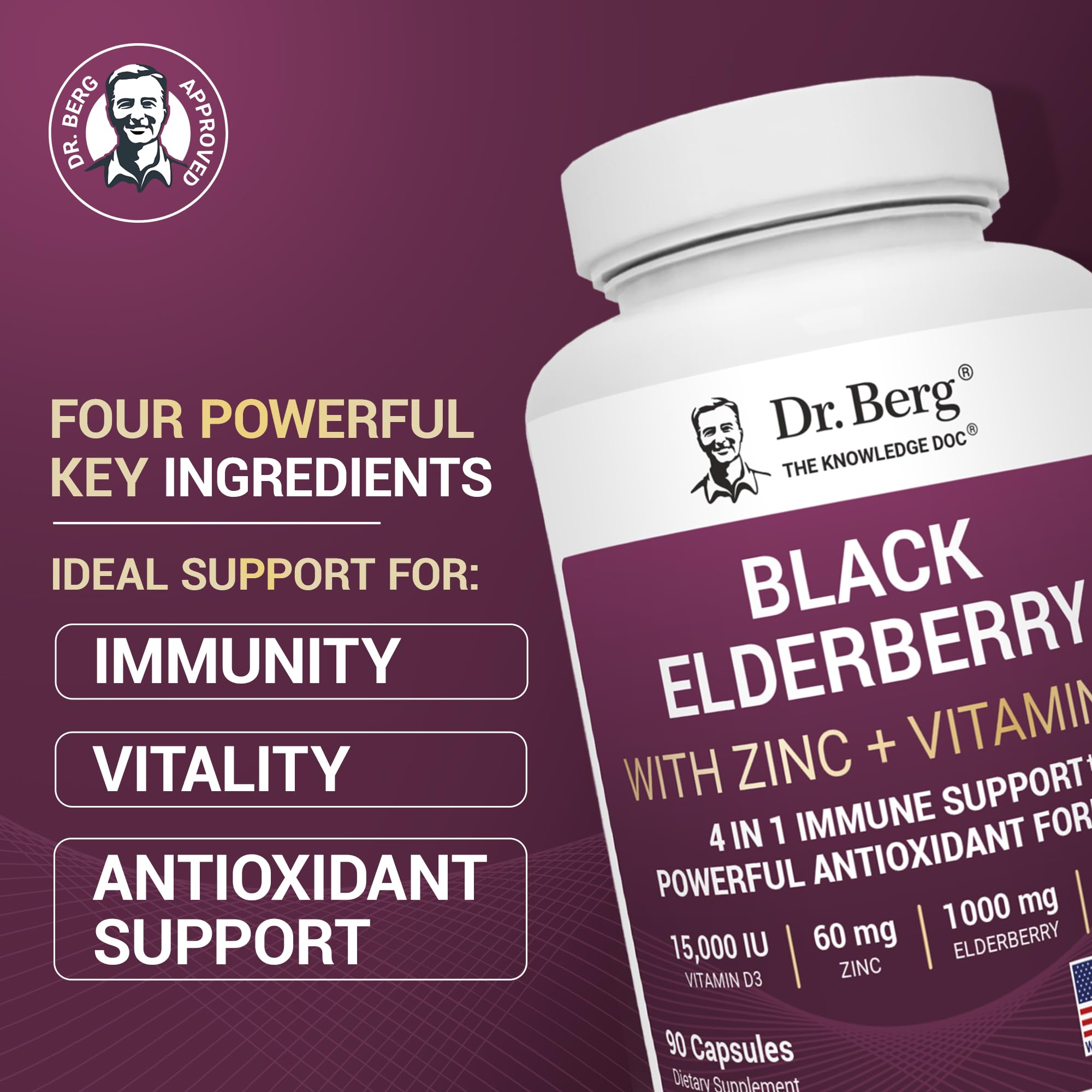 Dr. Berg Black Elderberry Capsules (Advanced Immune Support*) with 15,000 IU Vitamin D, 60 mg of Zinc, & 90 mg of Camu Camu - (4-in-1) Sambucus Elderberry Immune Support Supplement - 90 Capsules Dr. Berg Nutritionals Au supplements