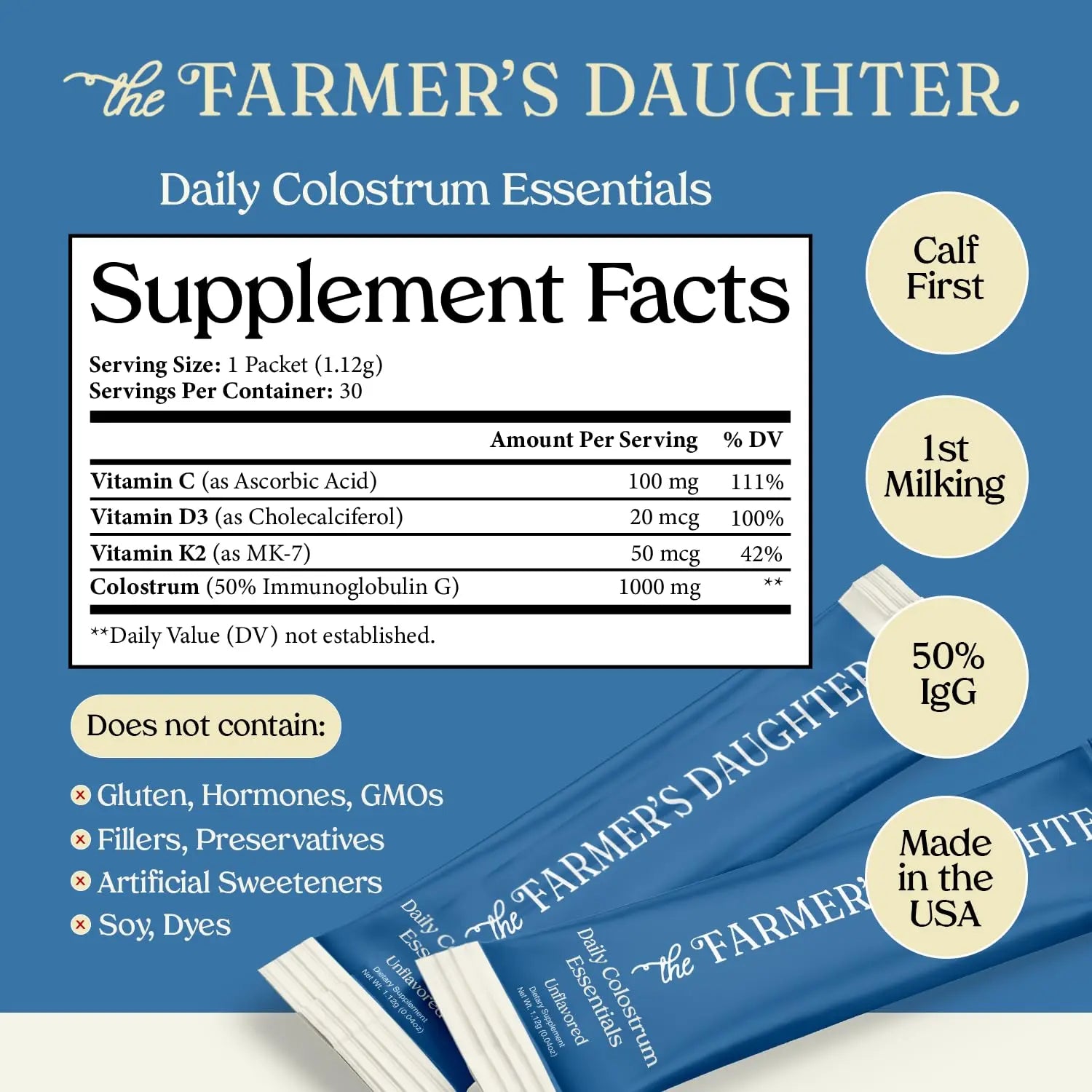 THE FARMER'S DAUGHTER Colostrum Powder | Unflavored | Gut Health & Bloating | Hair, Skin & Nails | Immunity Supplement | 30 Individual Travel Stick Packs THE FARMER'S DAUGHTER Au supplements