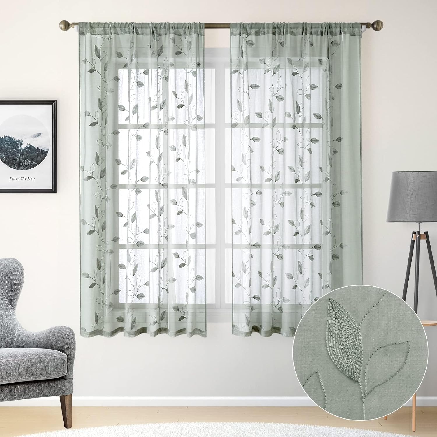 HOMEIDEAS Sage Green Sheer Curtains 52 X 63 Inches Length 2 Panels Embroidered Leaf Pattern Pocket Faux Linen Floral Semi Sheer Voile Window Curtains/Drapes for Bedroom Living Room