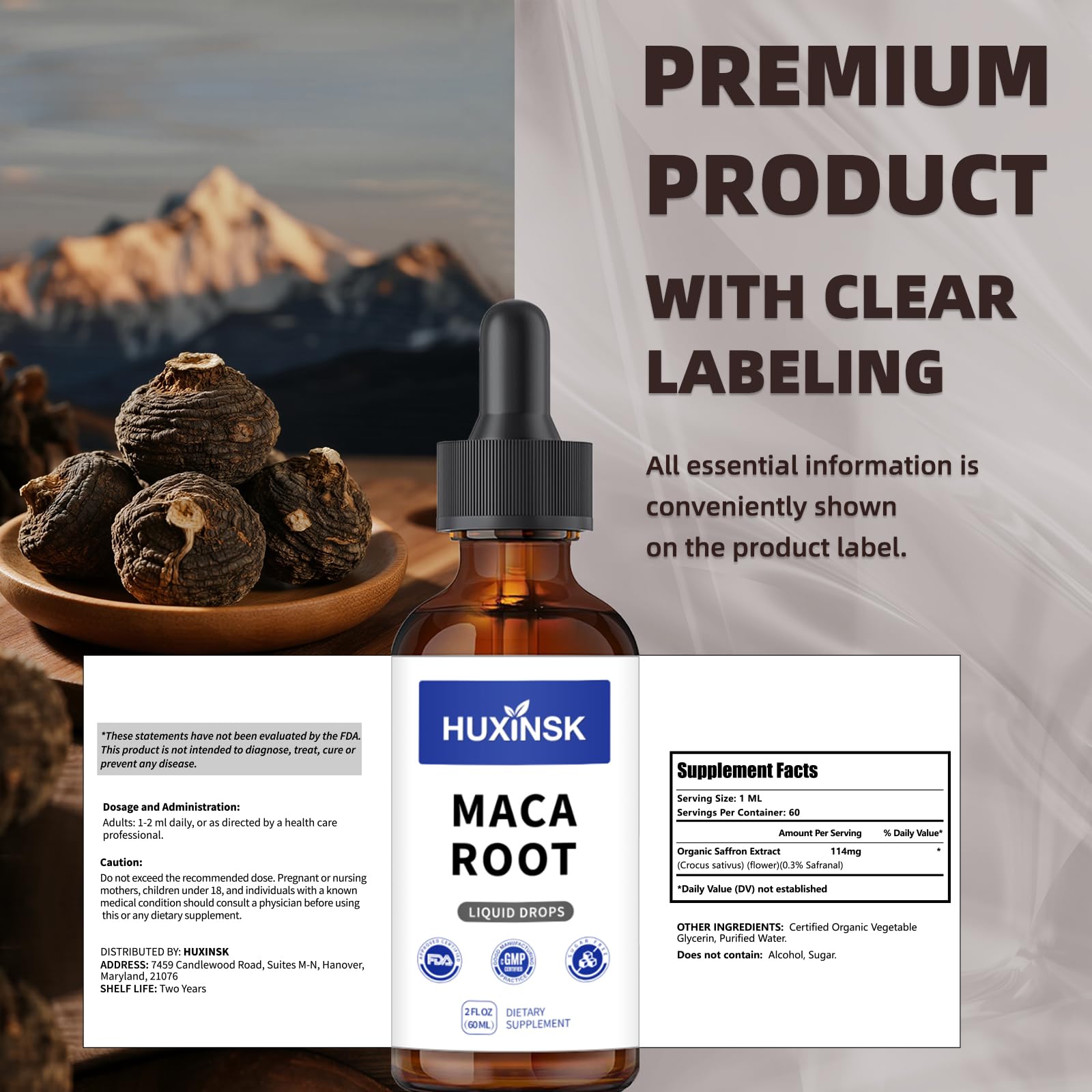 Maca Root Liquid Drops Extract | Peruvian Black & Red Blend | Natural Energy & Hormone Balance | Alcohol-Free, 60ml Vegan Tincture HUXINSK Au supplements