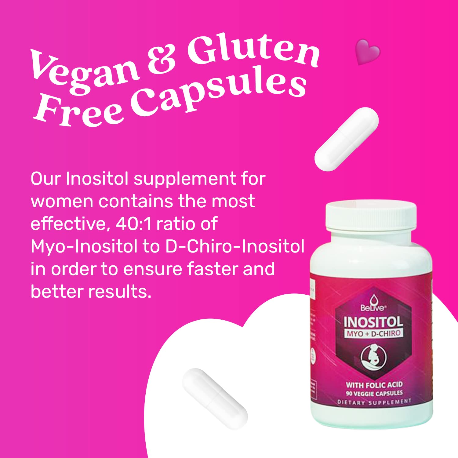 Myo-Inositol & D-Chiro Inositol Capsules with Folic Acid for PCOS | Prenatal Fertility BeLive Au supplements