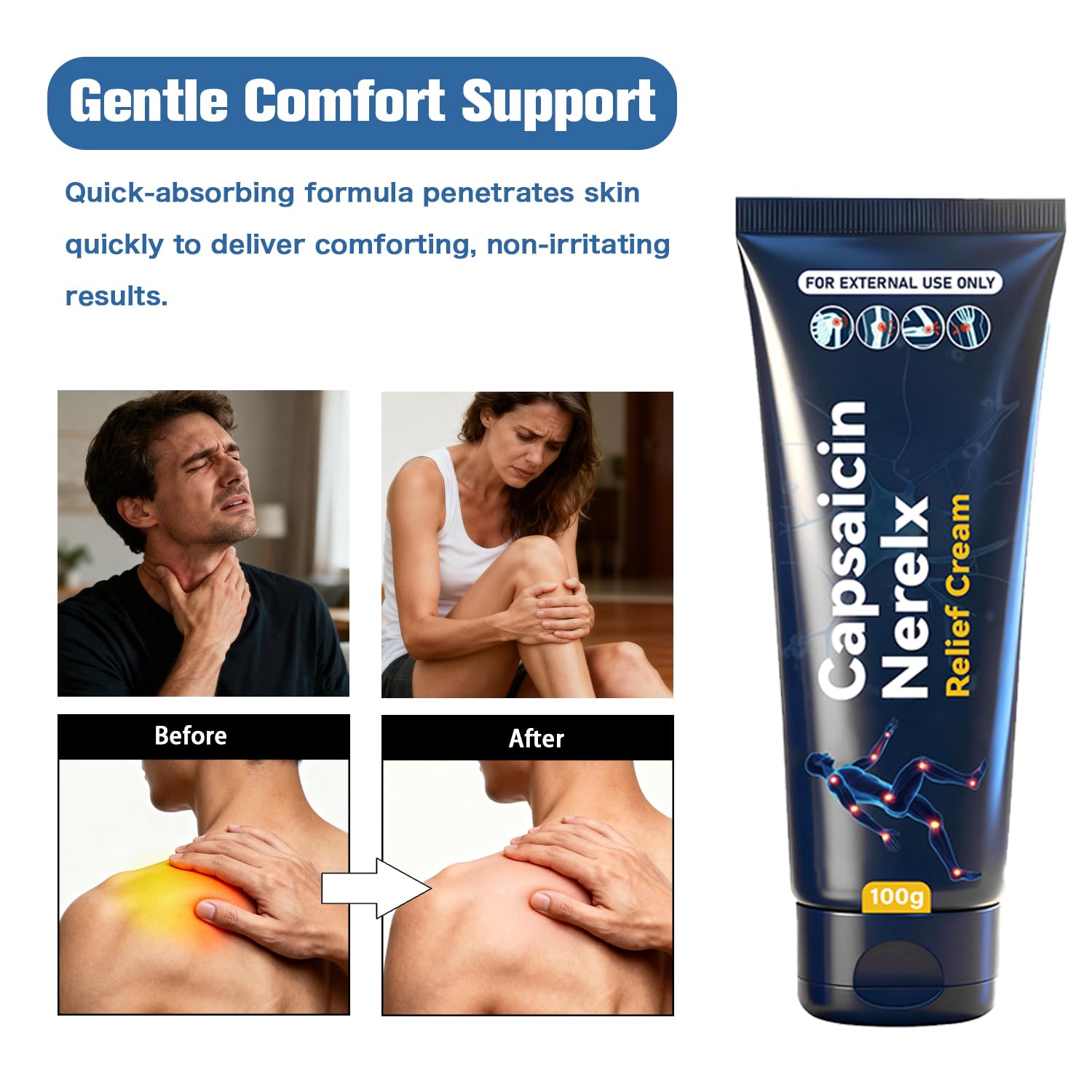 Capsaicin Nerex Relief Cream with Arnica, Menthol, MSM and Glucosamine for Body Joint Areas, Feet, Hands, Legs, Muscles, Joints, and Waist, 100g (2PACKS) bigyuan Au supplements