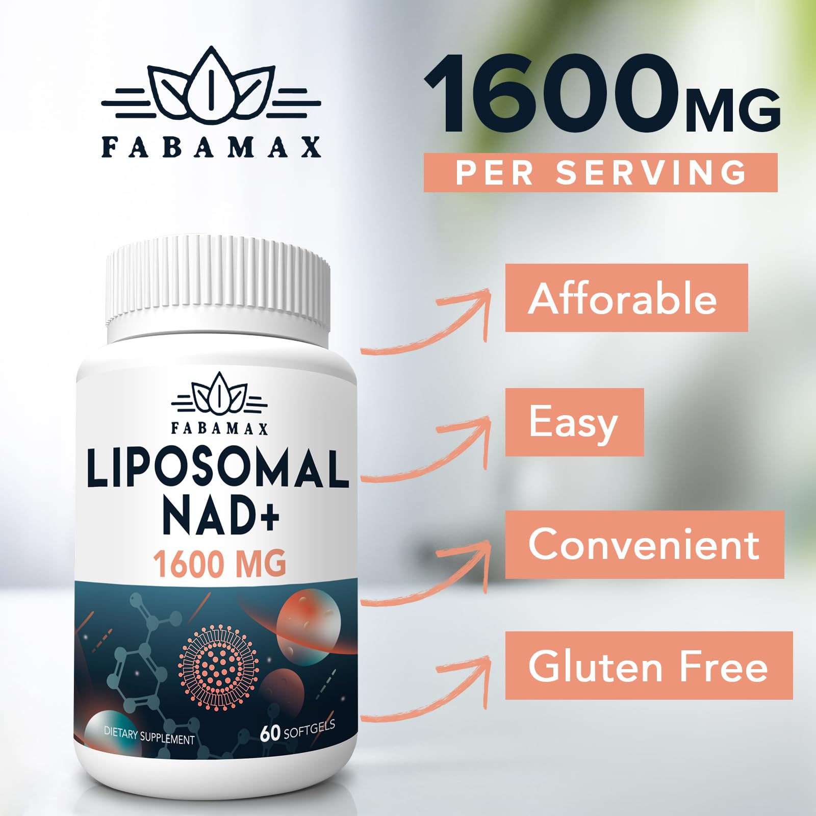 Fabamax 1600 mg Liposomal NAD Supplement, 98% Pure NAD+ Supplement, Superior Absorption, Alternative to Nicotinamide Riboside or NADH to Boost NAD+ for Aging Defense, Energy, Longevity,60 Softgels Fabamax Au supplements