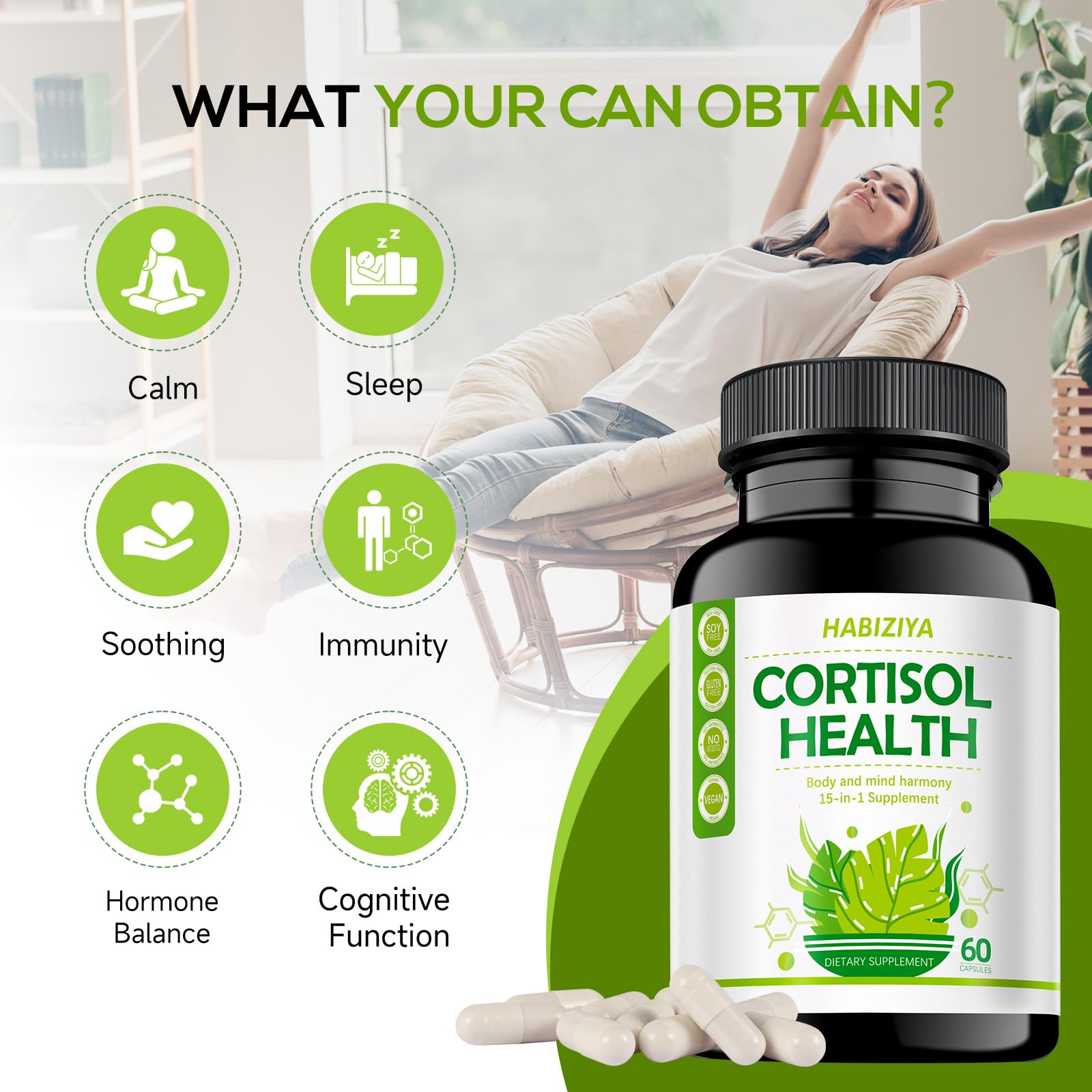 HABIZIYA Cortisol Support Supplement with Magnesium Glycinate, L-Theanine, Ashwagandha, Phosphatidylserine,Rhodiola Rosea 15-in-1 Hormone Balance for Women Men Mood, Focus, Sleep Support 60 Capsules HABIZIYA Au supplements