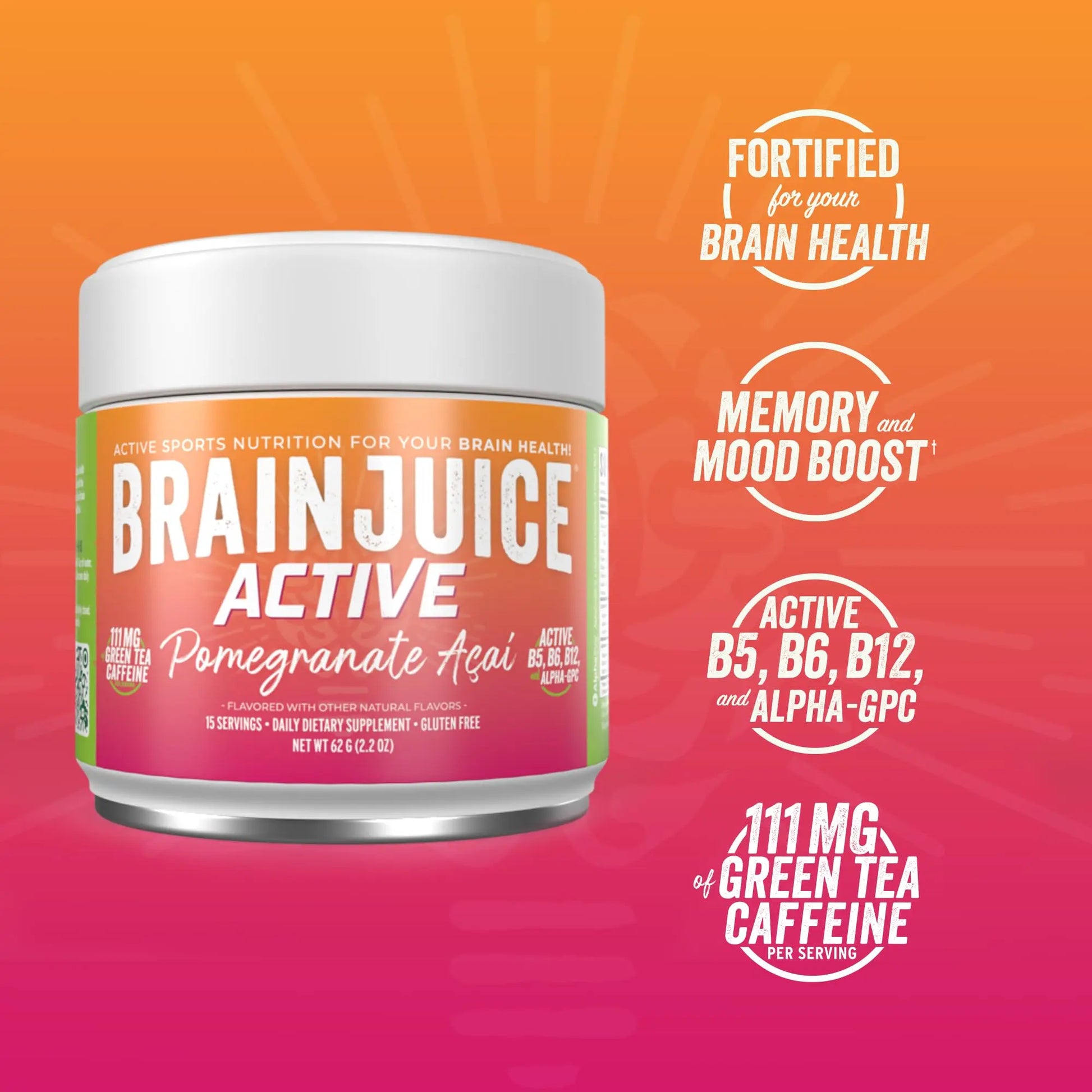 BrainJuice Nootropics Brain Support Supplement, Gluten Free Powder for Energy and Focus, Pre Workout w/Alpha GPC, Vitamin B & Organic Green Tea Extract Caffeine, Active Pomegranate Acai, 15 Servings BrainJuice Au supplements