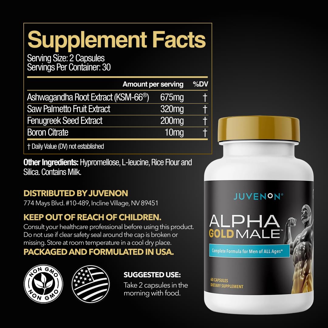 Juvenon Alpha Gold Male Testosterone Booster for Men - T-Support & Male Vitality with KSM-66 Ashwagandha + Fenugreek + Boron Citrate + Saw Palmetto, Non-GMO Vegetarian Capsules Juvenon Au supplements