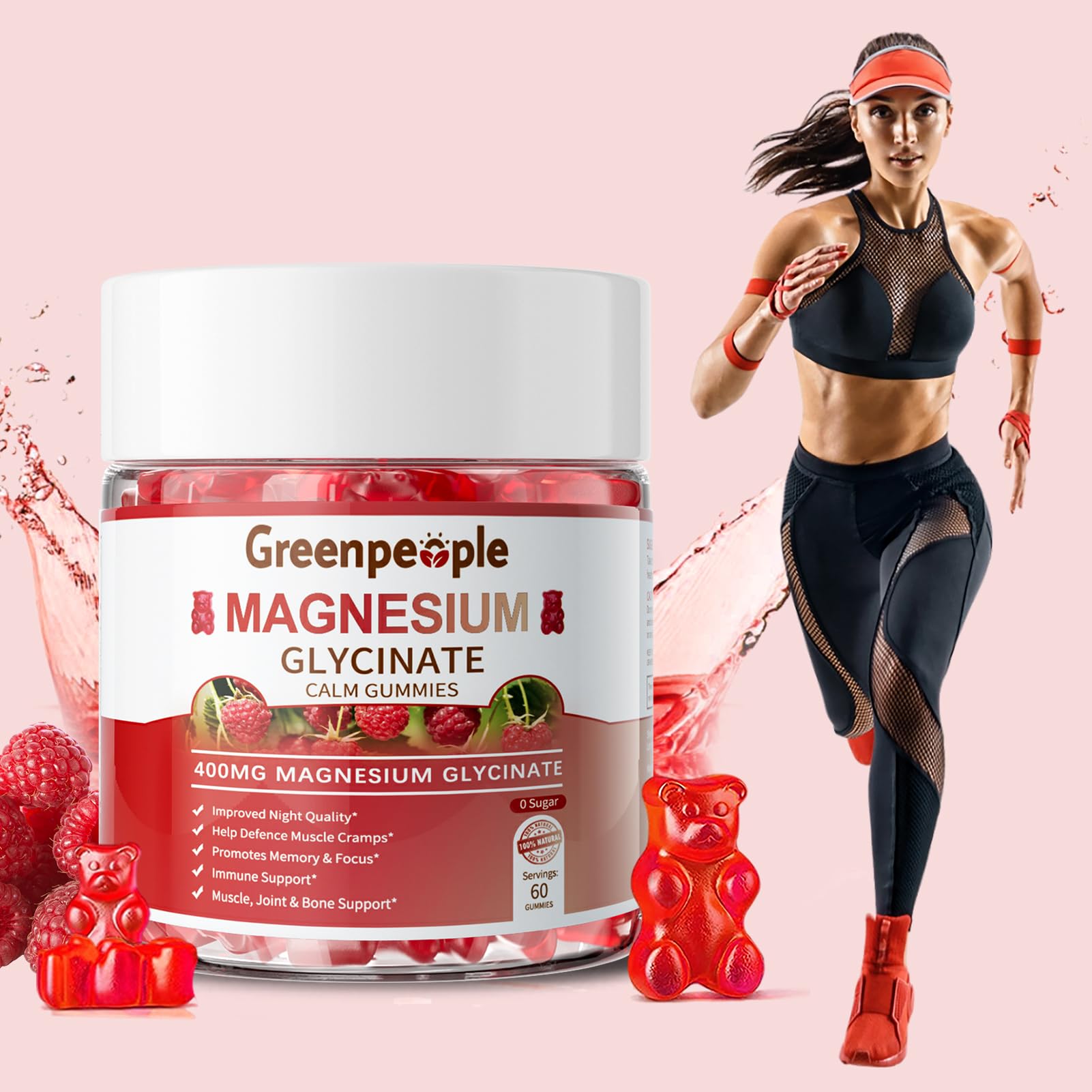 GREENPEOPLE Magnesium Glycinate Gummies 400mg - Sugar Free Magnesium Supplement with Magnesio Citrate, Vitamin D, and B6 for Calm Support & Sleep for Adults - High Absorption - Raspberry Gummies GREENPEOPLE Au supplements