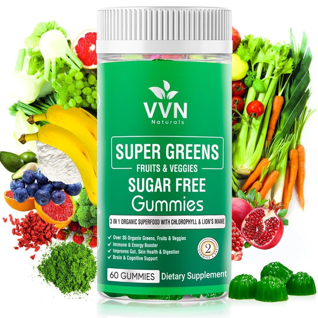 Sugar-Free Real Organic Fruits, Super Greens and Veggies Gummies | 35+ Nutritious & Healthy Greens, Fruits, and Vegetables for Improved Immunity, Skin Health & Energy Boost|60 Vegan Gummies VVN Naturals Au supplements