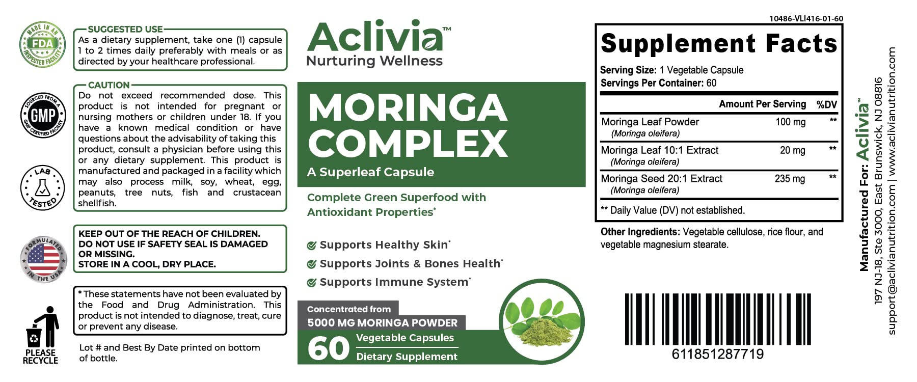 Aclivia - Moringa Complex - Maximum Strength Moringa Oleifera Leaf & Seed Supplement - Superfood Capsules with Antioxidant Properties - 5000mg - 60 Capsules Aclivia Au supplements