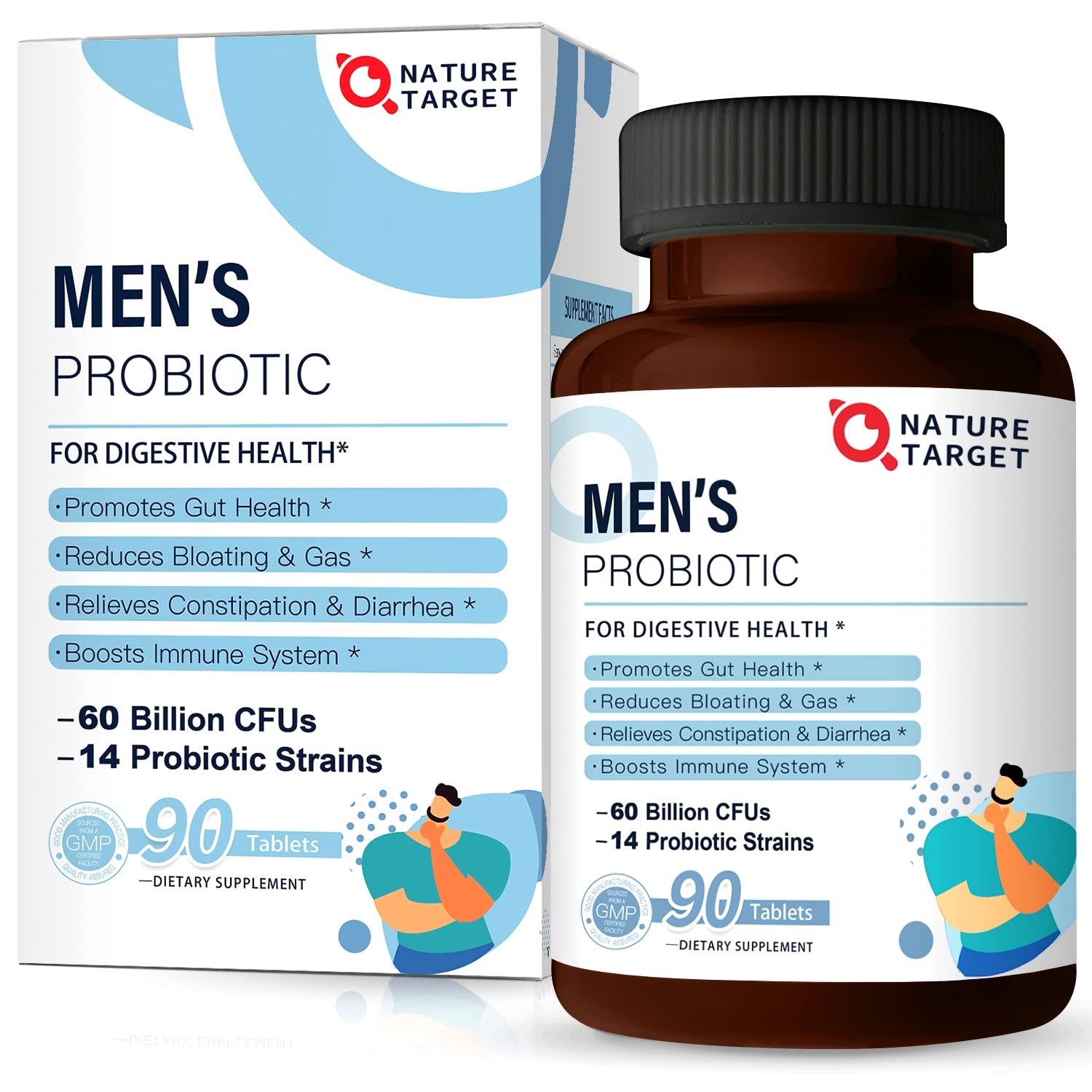 NATURE TARGET Probiotics for Men with Men Care Supplement, Prebiotics & Probiotic for Men's Digestive and Immune Health,60 Billion CFUs & 14 Strains Shelf Stable, Gluten & Soy Free (90 Tablets) NATURE TARGET Au supplements