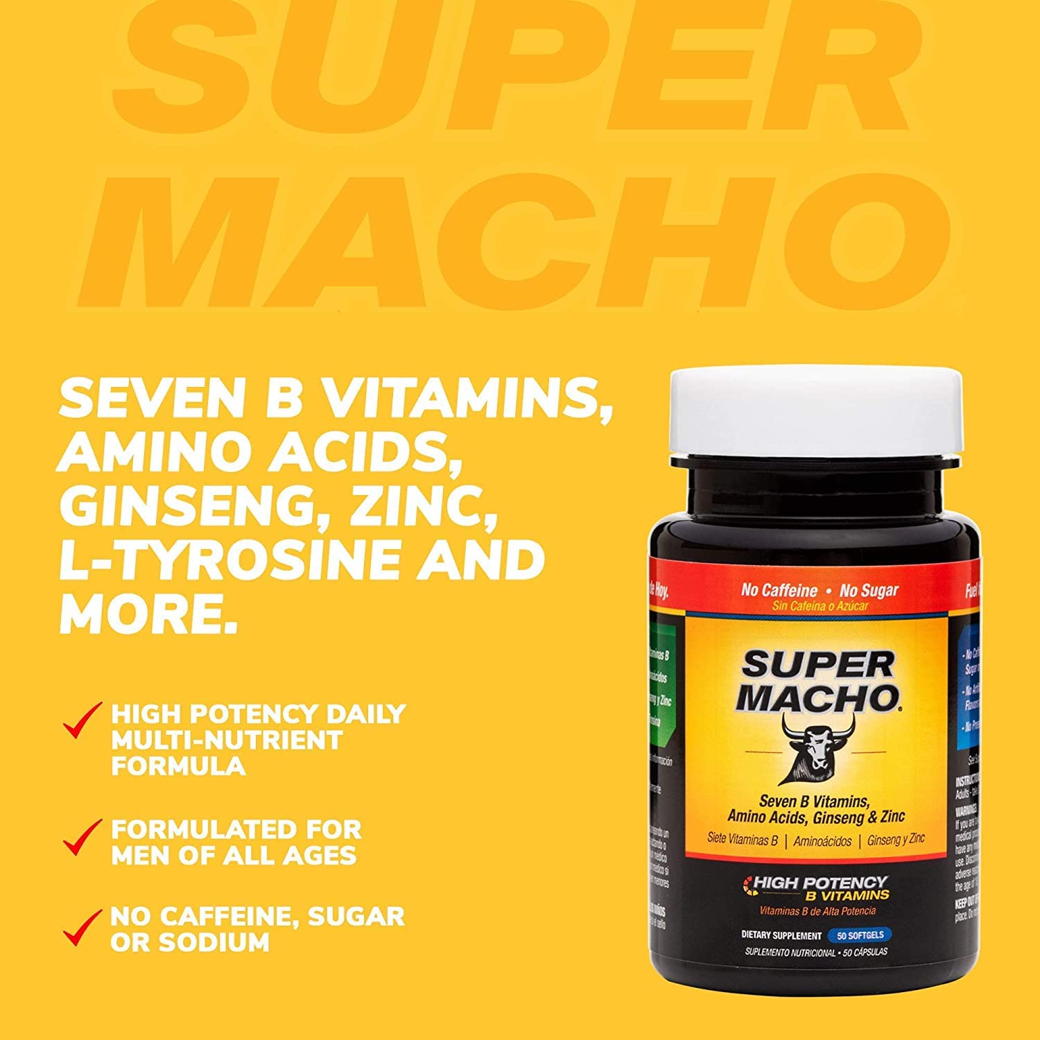 Super Macho Dietary Supplement with High Potency Zinc & 7 B Vitamins, No Preservatives, Sugar or Caffeine, Made in USA, 50 Softgels (3 Pack) Super Macho Au supplements