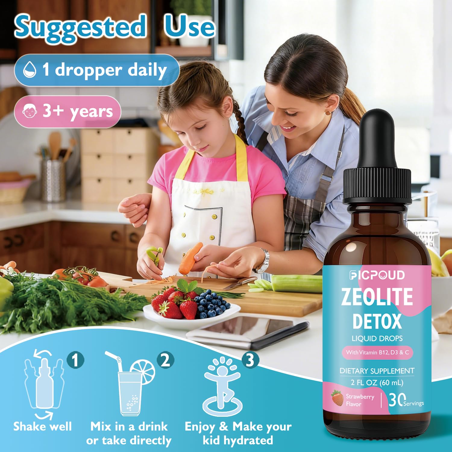 Ficpoud Zeolite Detox for Kids & Adults – Pure Zeolite clinoptilolite Liquid Drops with Vitamin B12, C & D3 – Gentle Daily Cleanse for Gut, Immune, Energy & Speech Support, Strawberry Flavor, 2 Fl Oz Ficpoud Au supplements