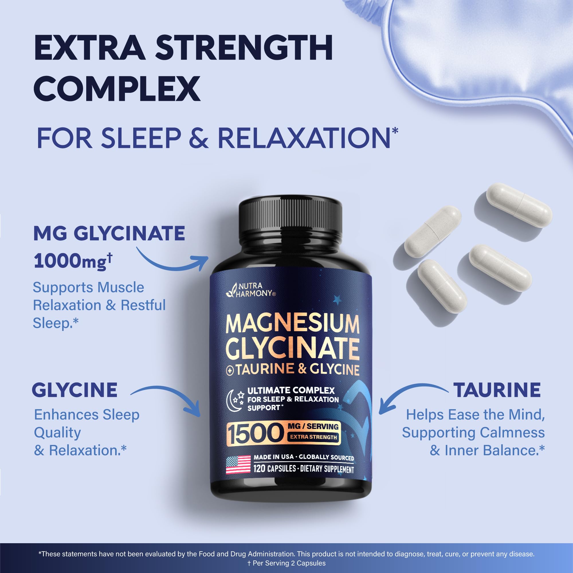 Magnesium Glycinate - Sleep & Relaxation Support - Extra Strength Glycinate, Glycine & Taurine 1500 mg - Magnesium Supplement for Women & Men - Chelated & High Absorption - Made in USA - 120 Capsules NUTRAHARMONY Au supplements