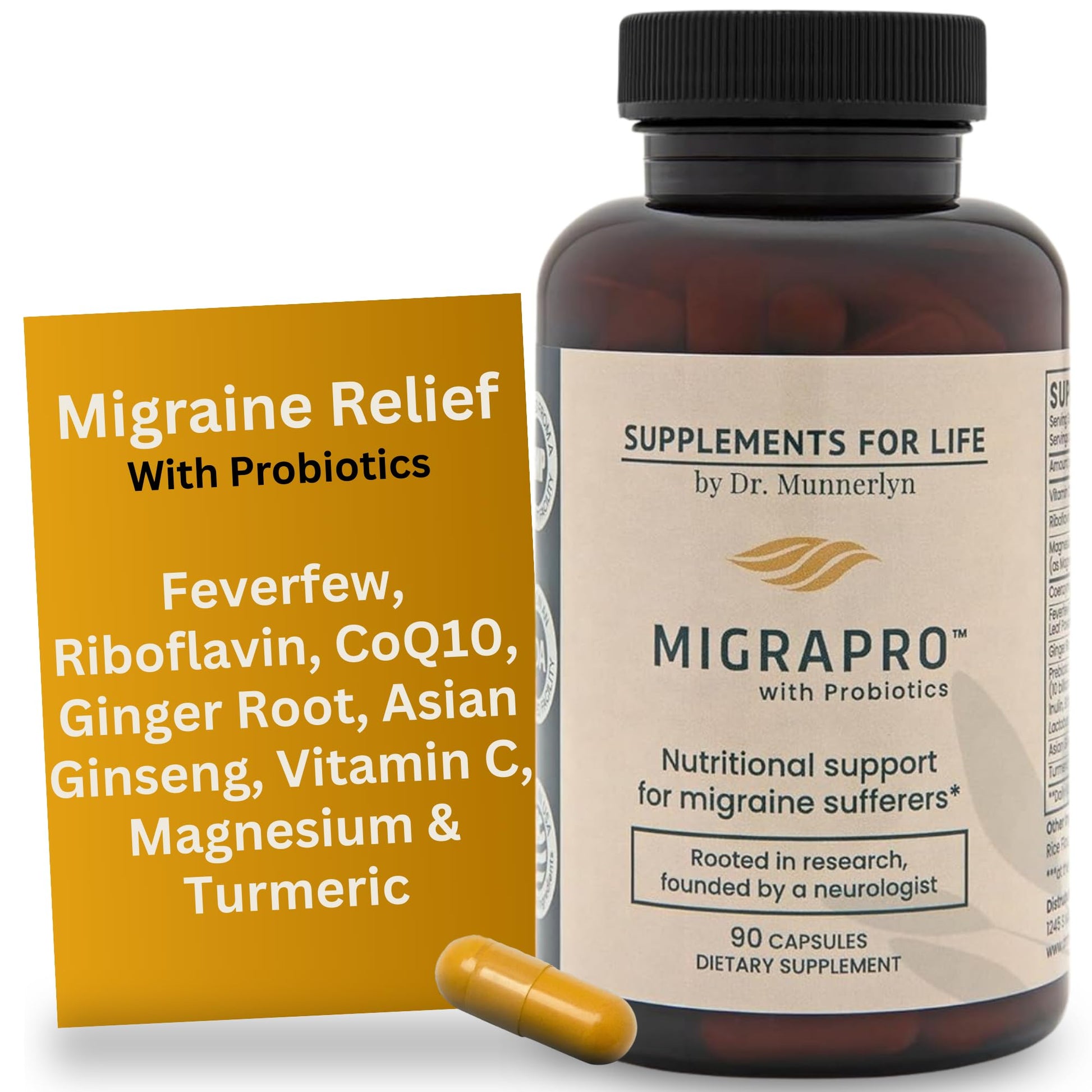 Dr. Munnerlyn MigraPro with Probiotics, Brain and Gut Health Support Supplement with Magnesium, Riboflavin, CoQ10, Ginger Root, Asian Ginseng, Vitamin C, Feverfew & Turmeric, Gluten Free, 90 Capsules Dr. Munnerlyn Au supplements