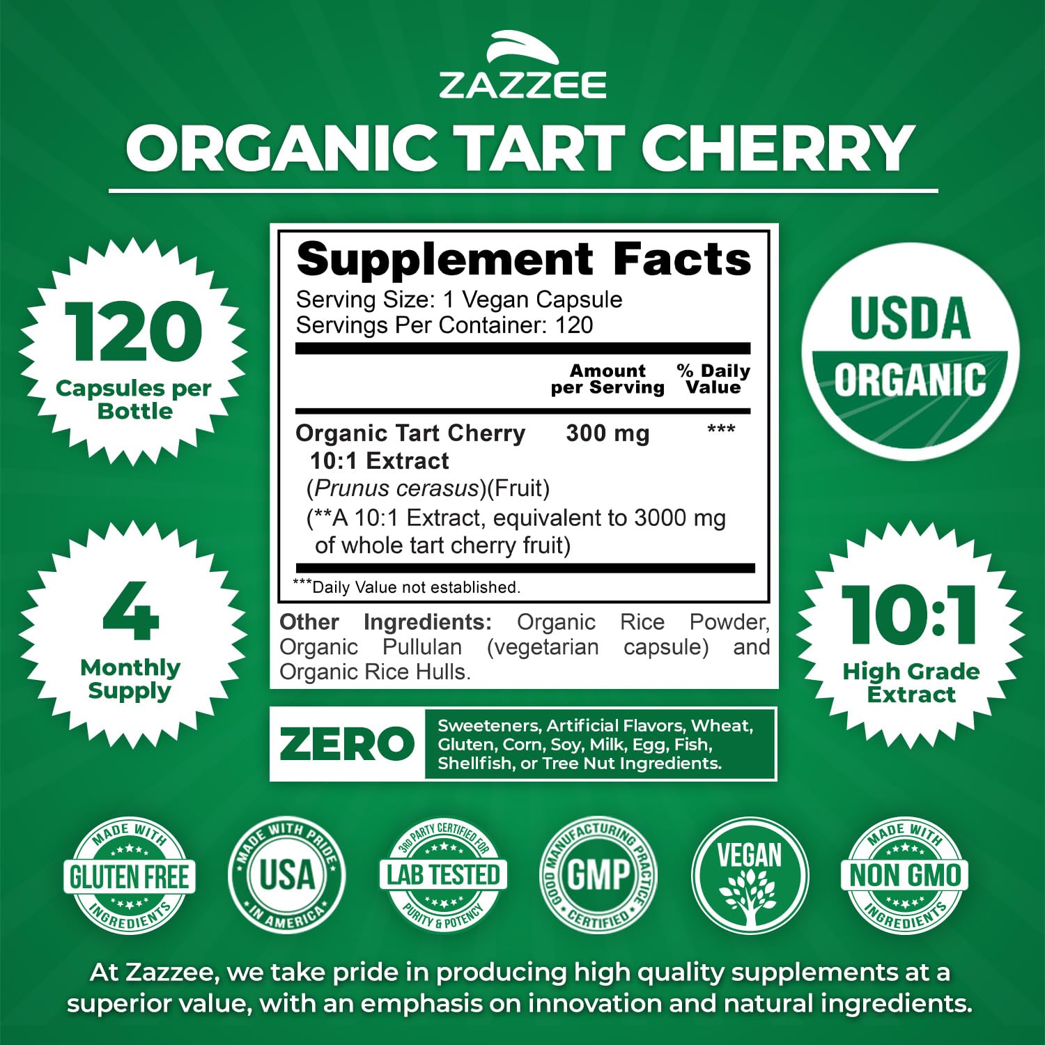 Zazzee USDA Organic Tart Cherry 10:1 Extract, 120 Vegan Capsules, 4 Month Supply, Montmorency Cherry, Daily Wellness Antioxidant Support, Organic Herbal Supplement, All-Natural, Non-GMO, Made in USA Zazzee Au supplements