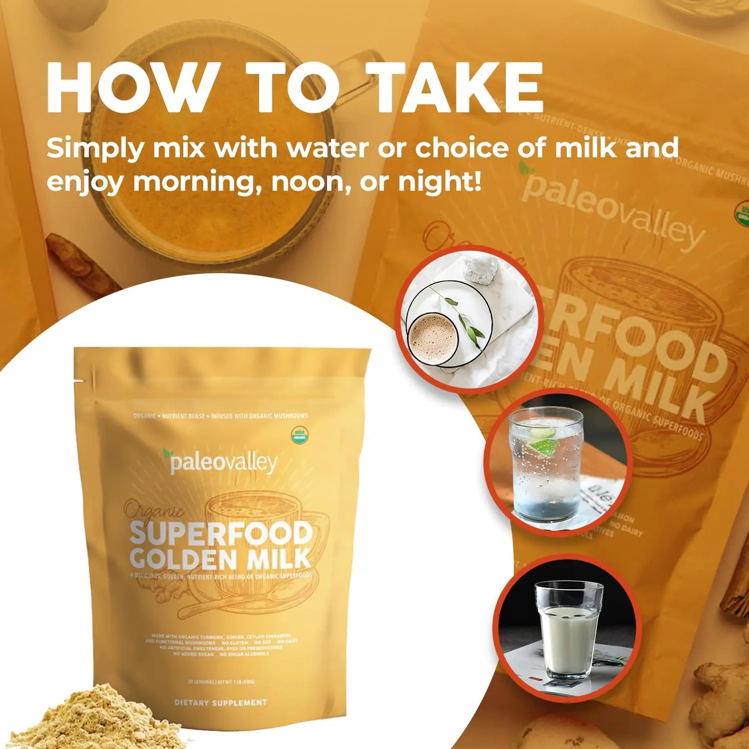 Paleovalley Organic Superfood Golden Milk - Immune, Focus, Cognitive, Longevity - Turmeric, MCT-Rich Coconut Milk, Functional Mushrooms, 30 Servings Paleovalley Au supplements