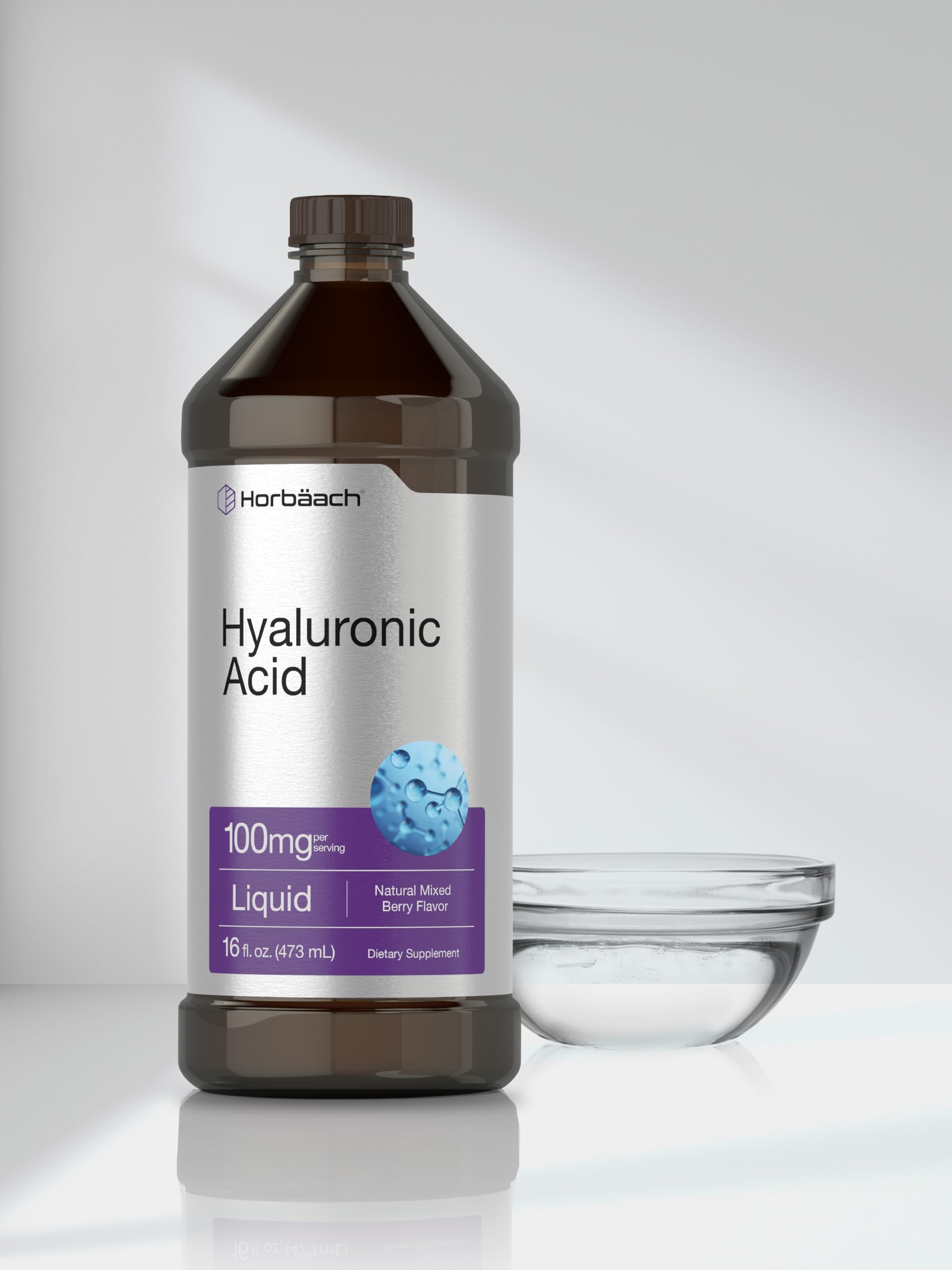 Liquid Hyaluronic Acid Supplement | 100 mg | 16 oz | Mixed Berry Flavor | Non-GMO Horbäach Au supplements