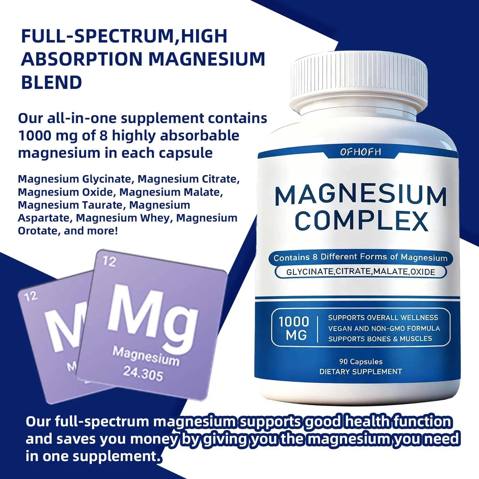 Magnesium Complex Supplement 8 Elemental - Magnesium Glycinate, Citrate, Malate, Oxide | Easy Absorption for Bones, Muscle, Energy, Vegan, Non-GMO 90 Capsules (1pc) OFHOFH Au supplements