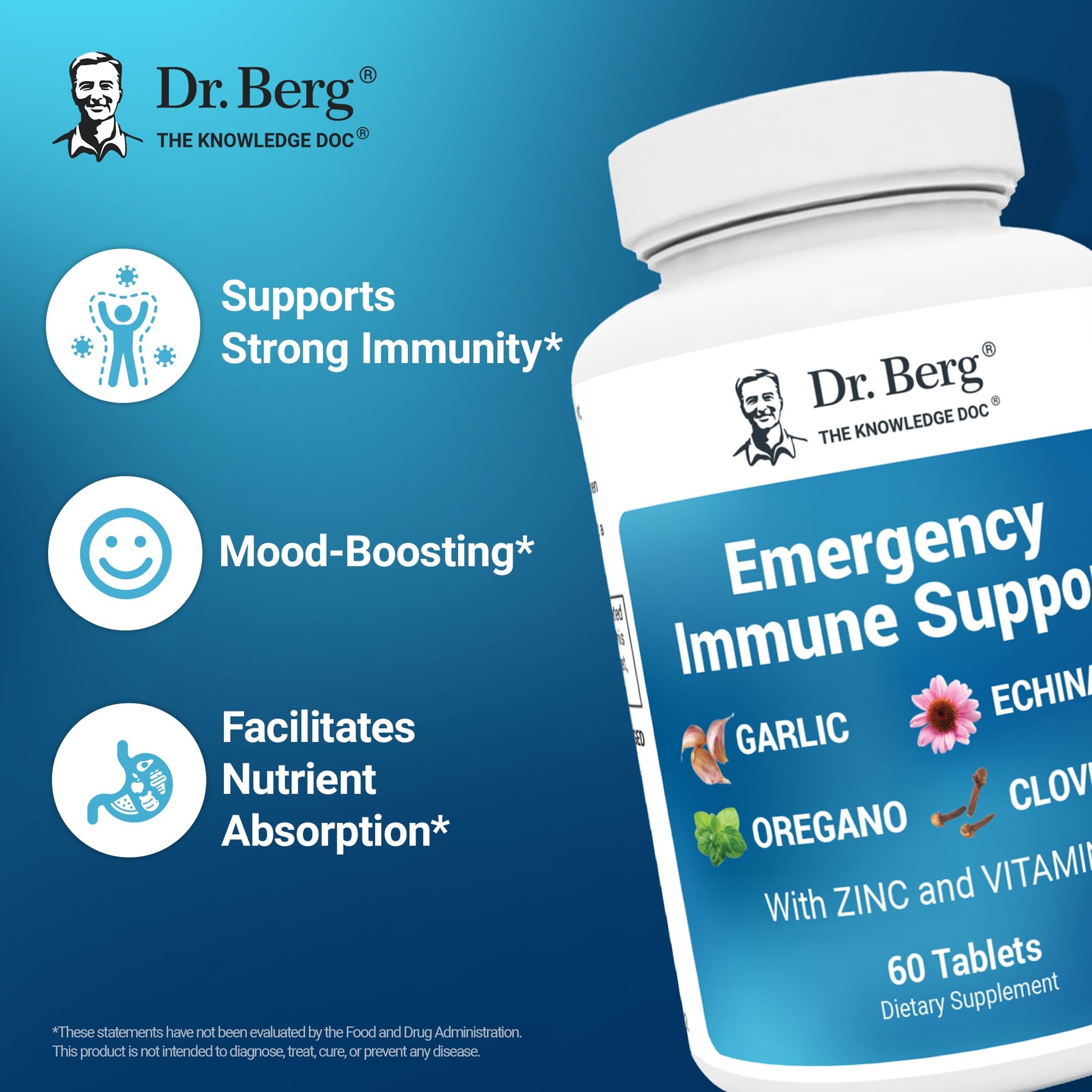 Dr. Berg Emergency Immune Support w/Echinacea - Potent Blend of Herbal Extracts (Warning: Strong Herbal Smells) - Immune Support Supplement Includes 2,000 IUs of Vitamin D & 10mg of Zinc - 60 Tablets Dr. Berg Nutritionals Au supplements