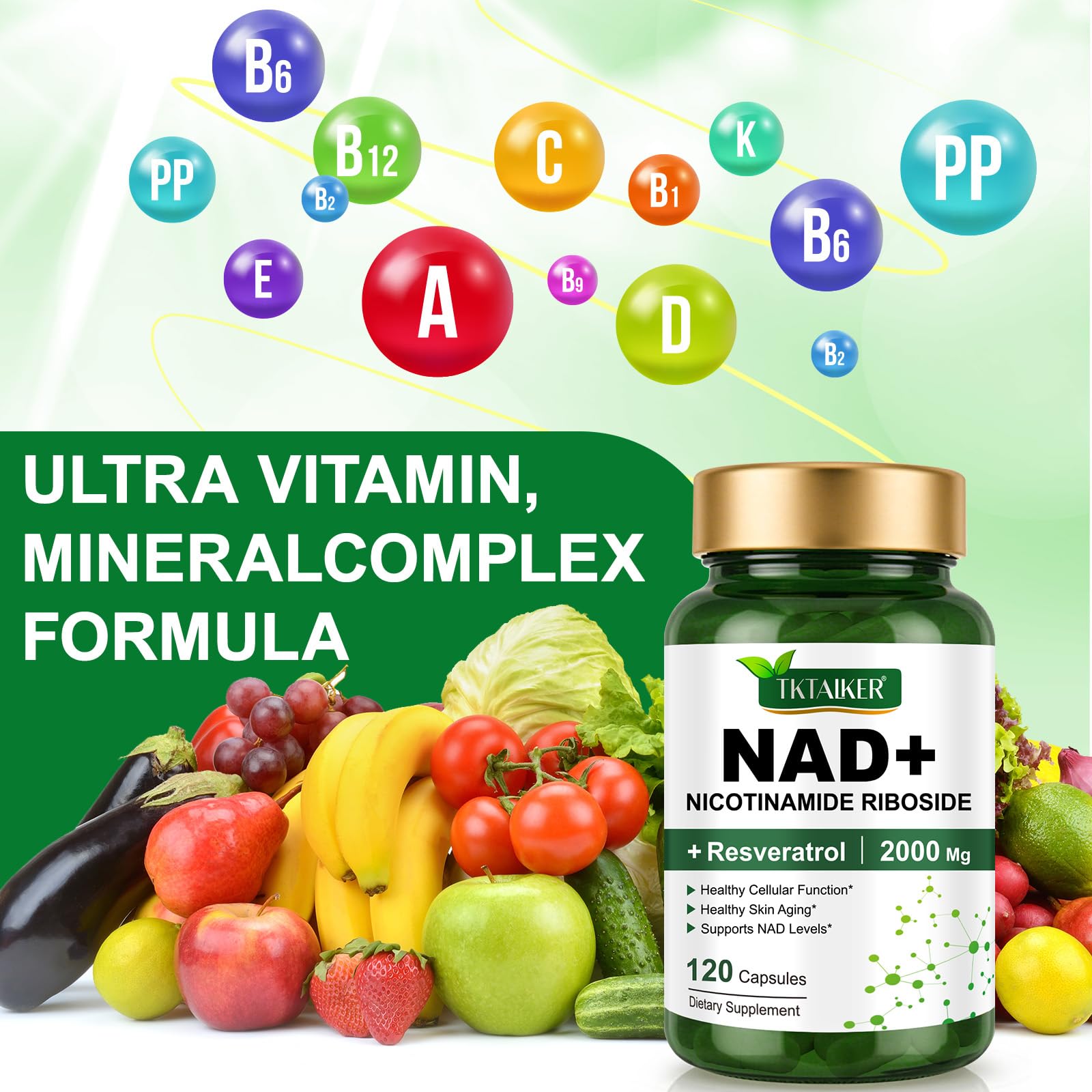 TKTALKER NAD Supplement 2000 Mg - 120 Capsules True NAD & Resveratrol, NMN Alternative Liposomal NAD+ for Women & Men, Support Cellular Health, Stamina & Healthy Aging - Ultra Strength Capsules TKTALKER Au supplements