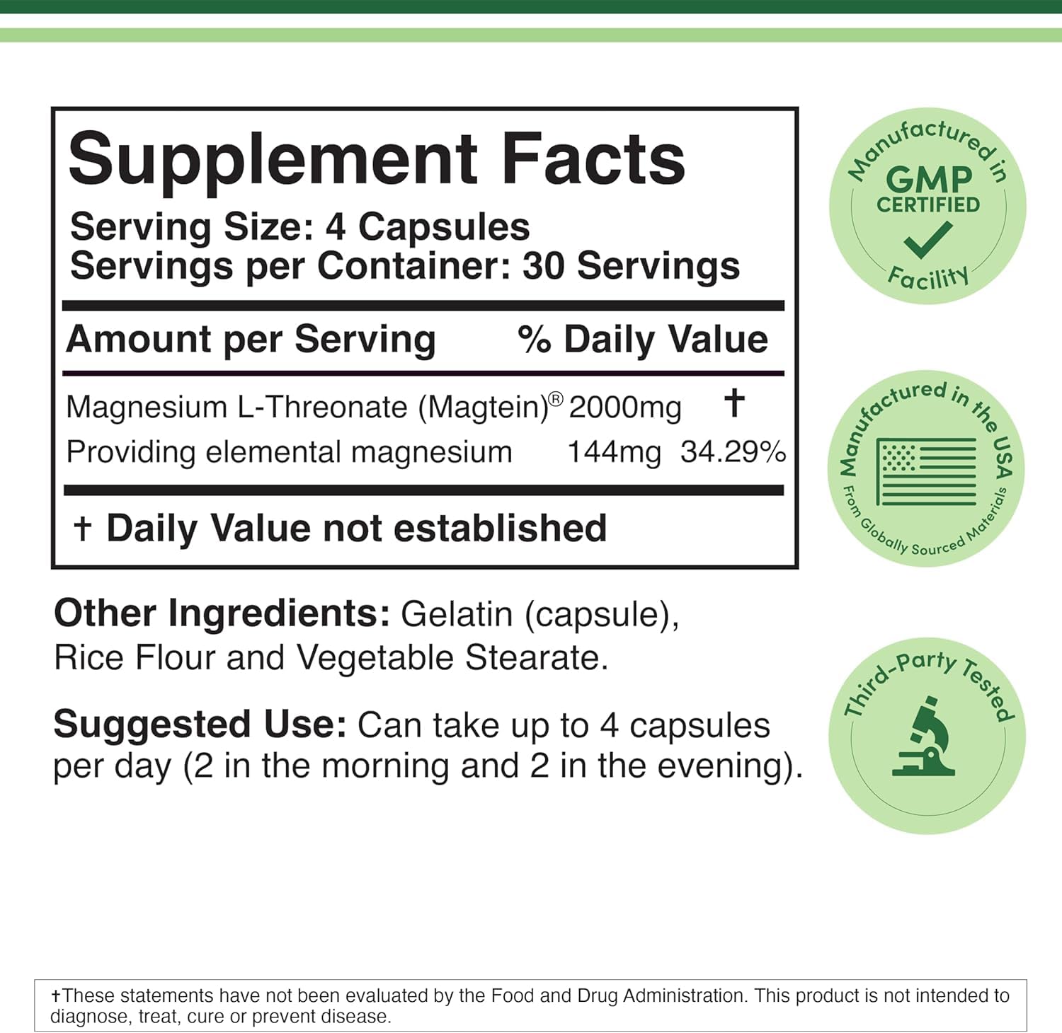 Magnesium L Threonate, Magtein, Sleep and Cognitive Support – High Absorption – Most Bioavailable Form of Magnesium – 2,000 mg – 120 Capsules Double Wood Supplements Au supplements