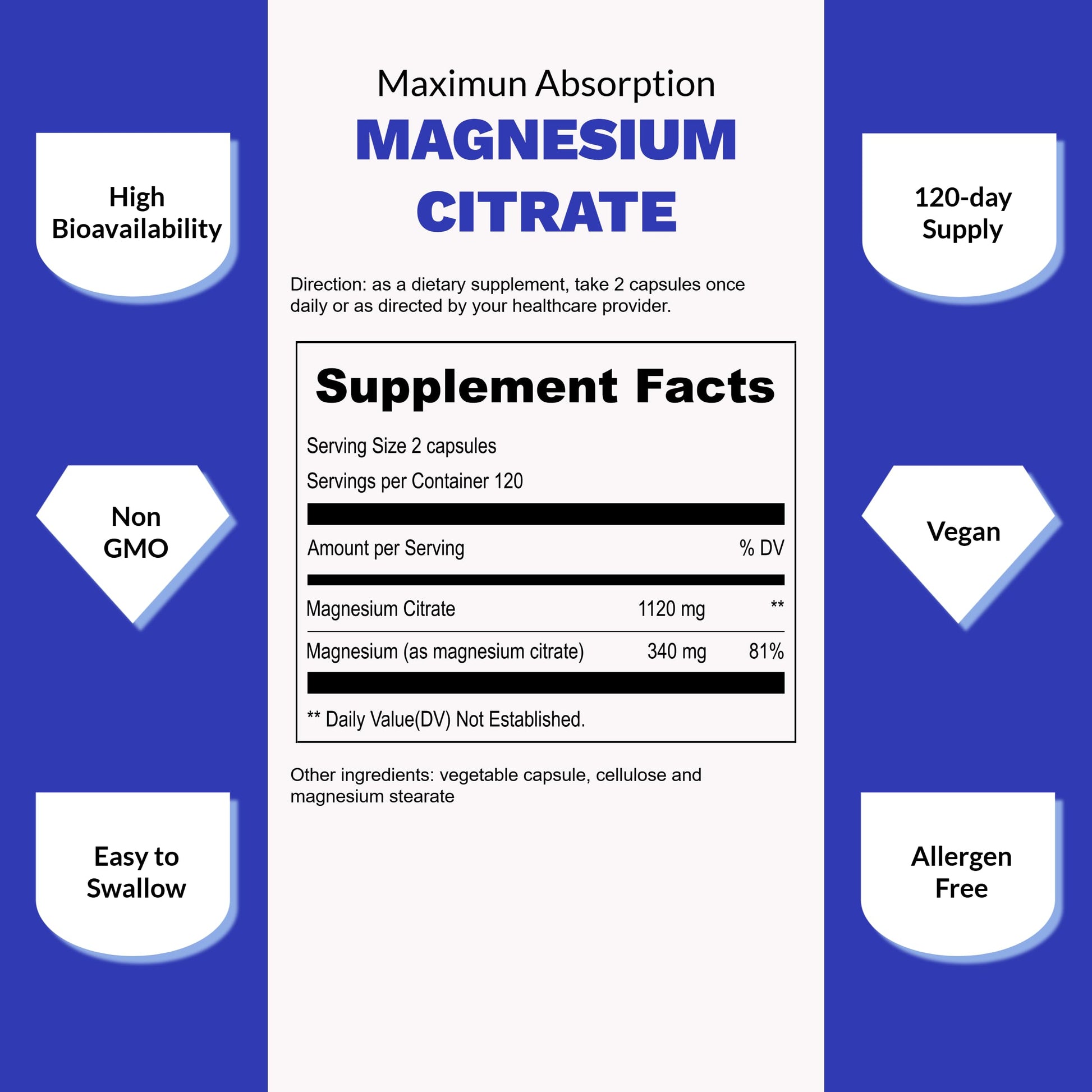UpNourish Pure Magnesium Citrate (Citrato de Magnesio) 1120mg, 240 Capsules - High Absorption Magnesium Supplement for Women & Men - Natural Calm Magnesium for Constipation, Relax, Cramp Defense UpNourish Au supplements