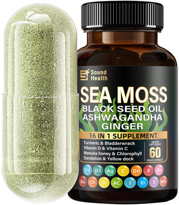 Sea Moss Capsules with Ashwagandha, Turmeric, Bladderwrack, Vitamins C & D for Natural Energy, Sleep Support & Hair Growth, 1200mg Herbal Blend, for Man & Women, Third-Party Tested，16-in-1 Supplement SoundHealth Au supplements