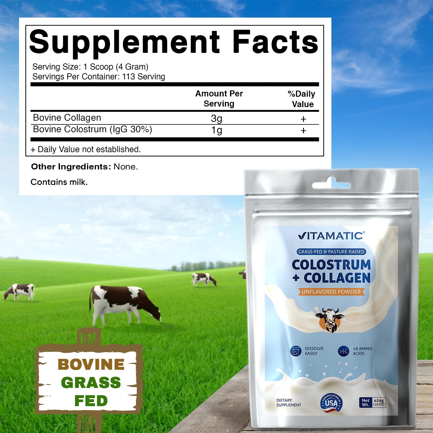 Vitamatic Bovine Colostrum + Collagen Powder - Supplement for Gut Health, Hair Growth, Beauty, Muscle Recovery, & Immune Support - Easy to Mix - Unflavored - 454 Gram, (16 oz) Vitamatic Au supplements