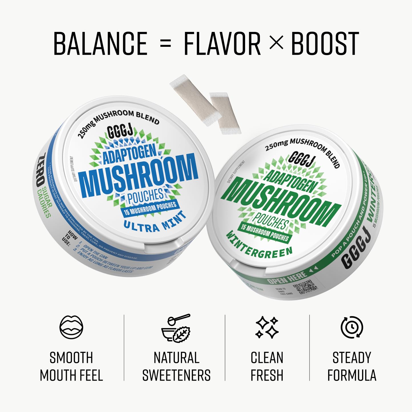 Adaptogen Mushroom Nootropic Pouches (4 Pack Bundle) - 250mg Mushroom Blend + 165mg Energy Blend, Nicotine Free & Caffeine Free, Ultra Pouch with Lion's Mane, Cordyceps, Reishi, Alpha-GPC, L-Theanine GGGJ Au supplements