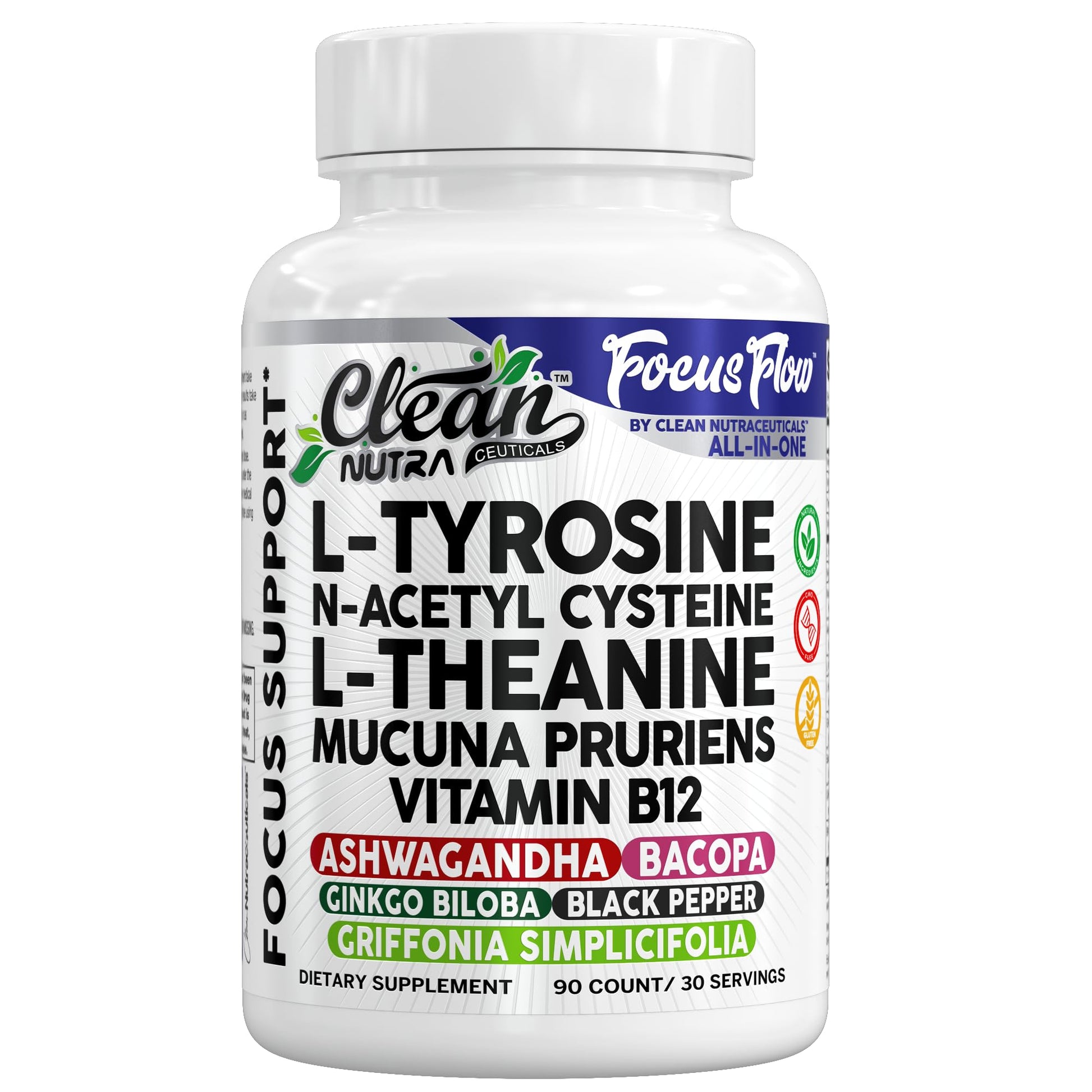 Focus Flow L-Tyrosine Vitamin B C D L-Theanine Ashwagandha Ginkgo Biloba Vitamin B12 Thiamine Black Pepper N-Acetylcysteine Mucuna Pruriens 90 Count Capsules by Clean Nutra Clean Nutraceuticals Au supplements