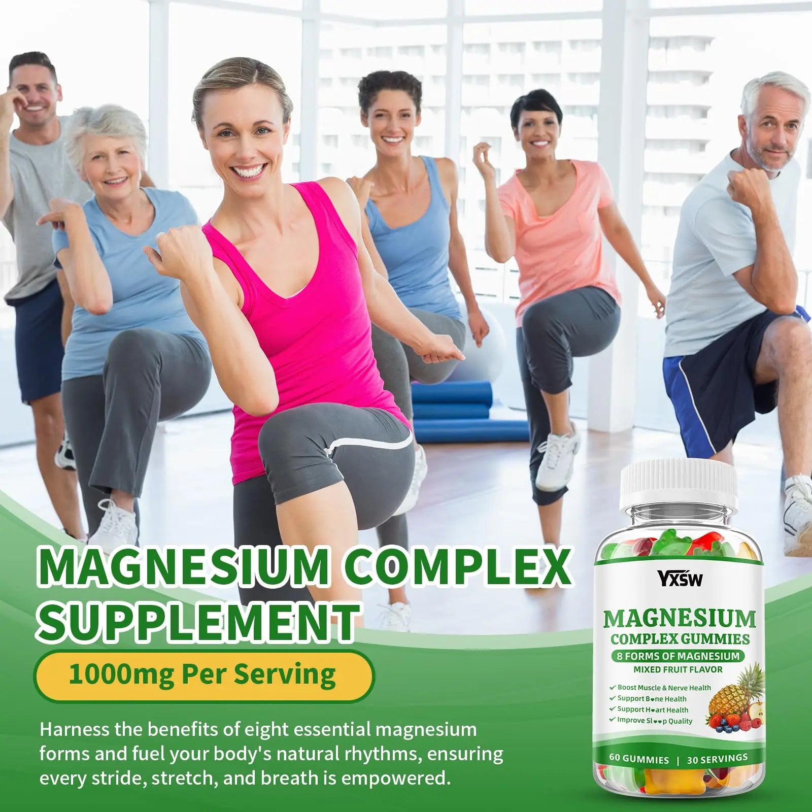 Magnesium Complex Gummies 8 Elemental 1000mg - Magnesium Glycinate, Citrate, Malate, Taurate, Supports Bones, Muscle, Nerve Health, for Women & Men, Vegan Non-GMO, Mixed Flavors, 60 Count YXSW Au supplements
