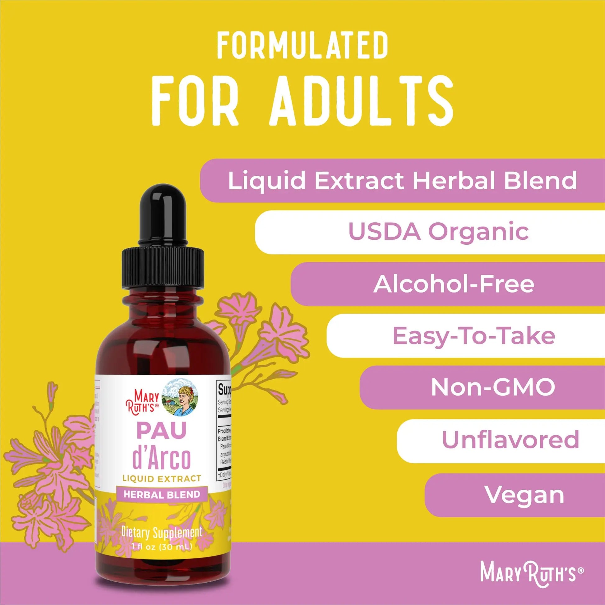 MaryRuth Organics PAU D'Arco Herbal Blend | Reishi Mushroom | Echinacea angustifolia Root | Usnea Lichen | Thyme Leaf | Vegan | Non-GMO Project Verified | Gluten Free | 30 Servings | 1 Fl Oz MARYRUTH'S Au supplements