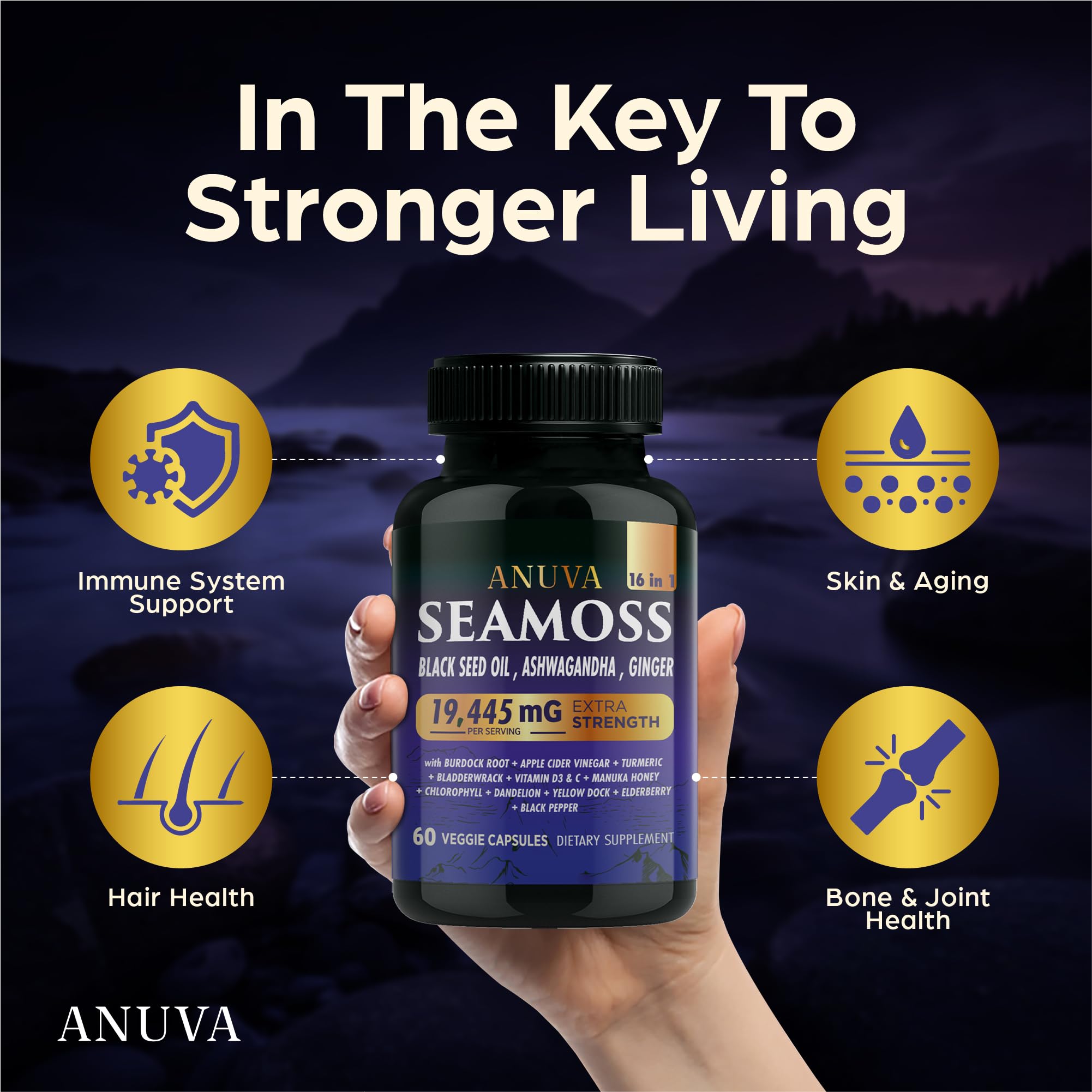 Anuva 16-in-1 Sea Moss Capsules | Black Seed Oil, Ashwagandha, with Vitamin C, D3, Turmeric, Burdock, Bladderwrack & Multi-Minerals | Immune, Skin, Joint & Energy Support | 60 Veggie Capsules Anuva Au supplements