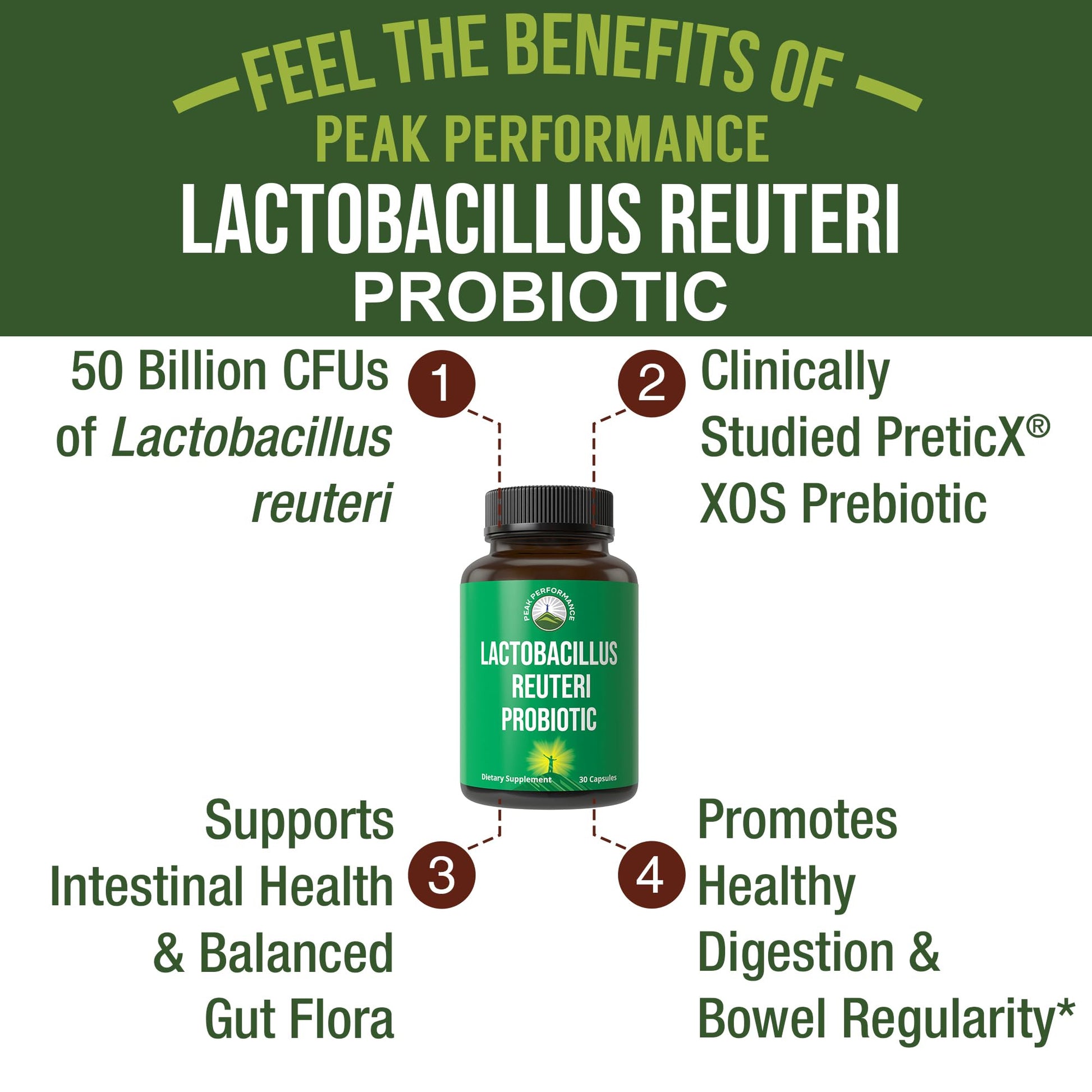 Lactobacillus Reuteri 50 Billion CFU Probiotics with Clinically Studied PreticX® XOS Prebiotic. L Reuteri Probiotic Capsules Supplement for Gut Health and Digestive Support. for Both Women & Men Peak Performance Au supplements