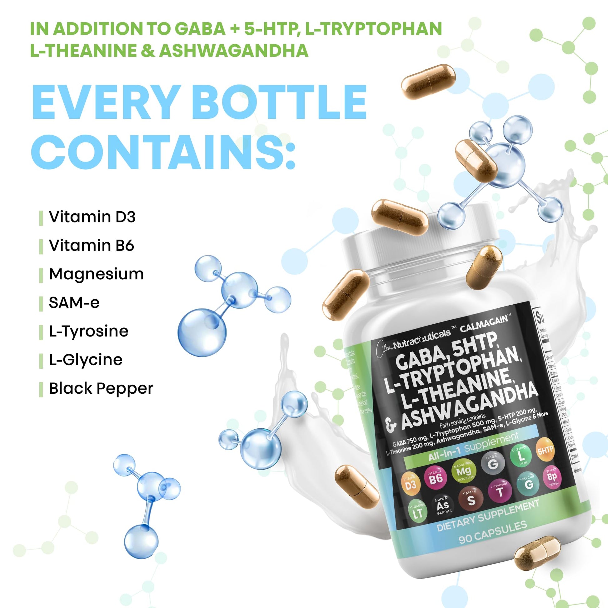 Clean Nutraceuticals GABA 750mg 5 HTP 200mg L Tryptophan 500mg L Theanine 200mg Ashwagandha SAM-e L-Glycine - Mood Support Vitamins for Women and Men with L-Tyrosine 5-HTP (5-Hydroxytryptophan) Clean Nutraceuticals Au supplements