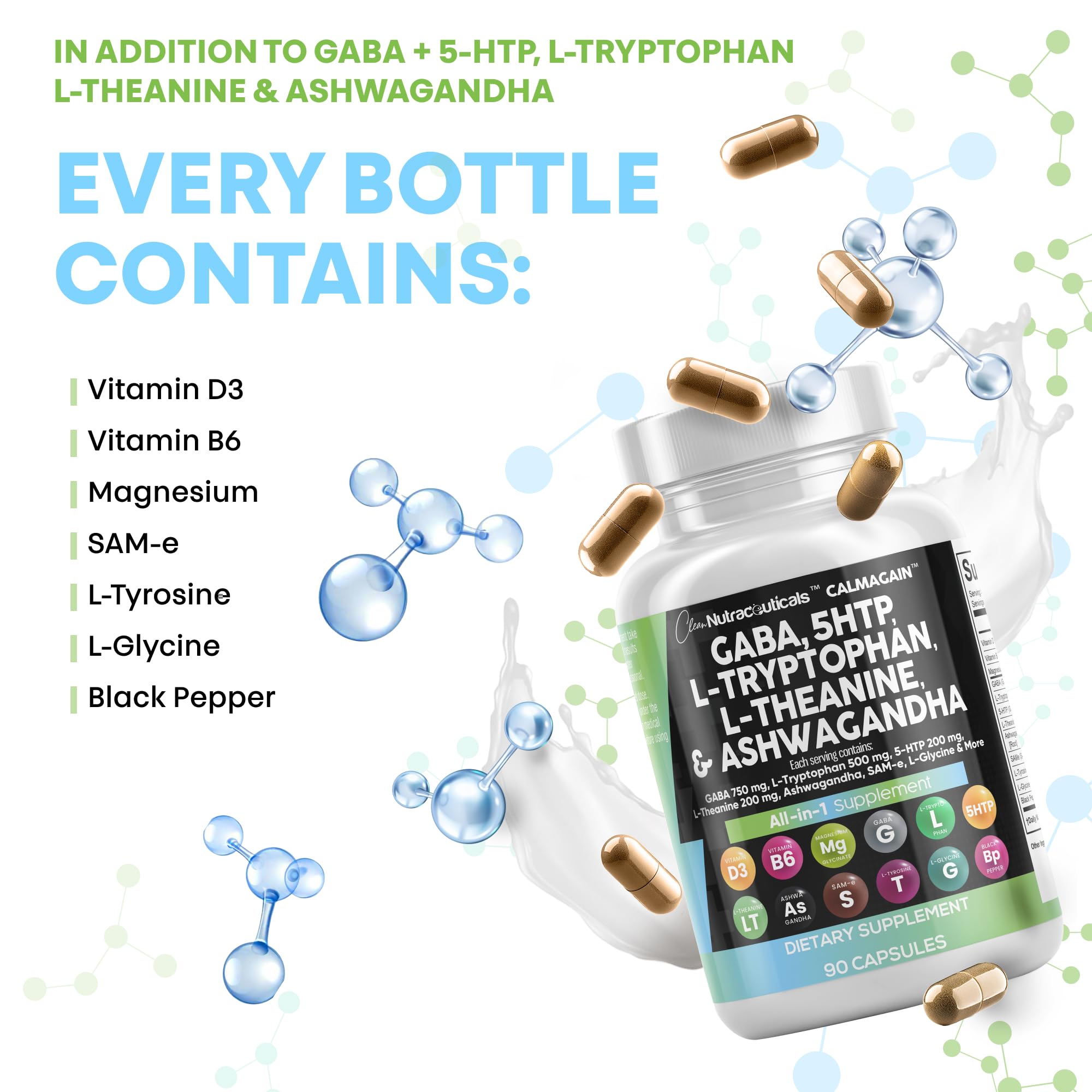 Clean Nutraceuticals GABA 750mg 5 HTP 200mg L Tryptophan 500mg L Theanine 200mg Ashwagandha SAM-e L-Glycine - Mood Support Vitamins for Women and Men with L-Tyrosine 5-HTP (5-Hydroxytryptophan) Clean Nutraceuticals Au supplements