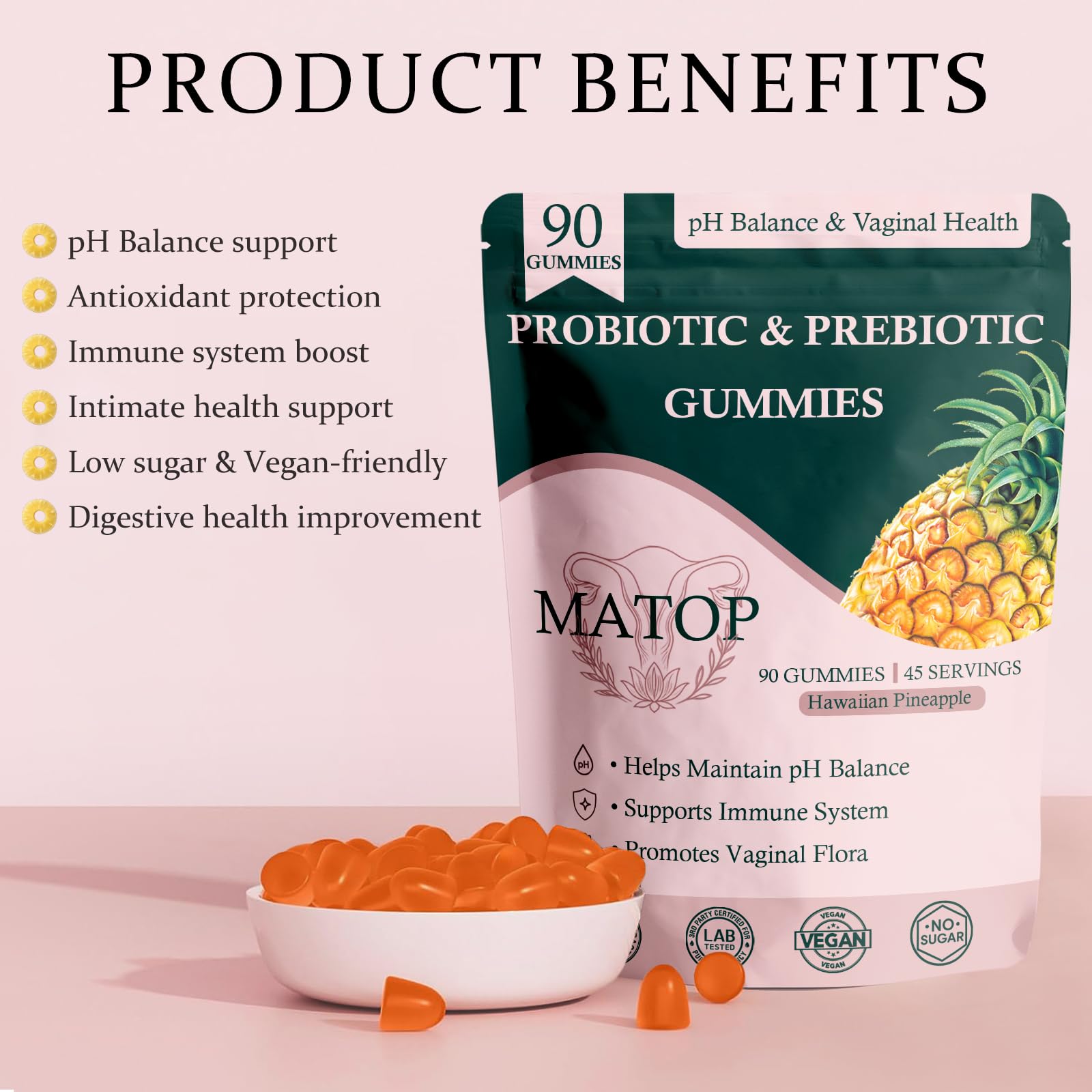 MATOP Probiotic Prebiotic pH Balance Gummies - Vaginal Health Gummies for Women Pro + Prebiotic with Pineapple Flavor, Vegan, Sugar-Free – 90 Gummies (45 Servings) MATOP Au supplements