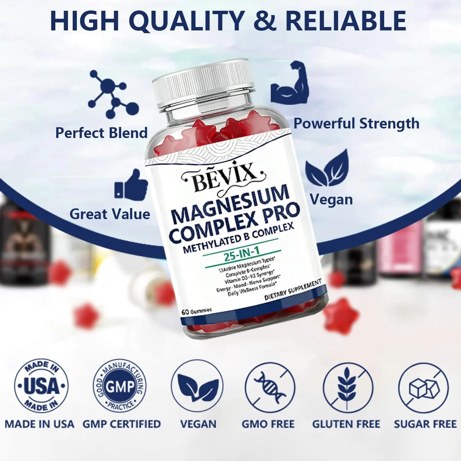 BEVIX Magnesium Complex Gummies with Methylated B Complex Magnesium Glycinate Citrate Malate Taurate Gluconate Aspartate Carbonate D3 K2, Magnesium for Relaxation Energy & Nerve, 60 Gummies BEVIX Au supplements