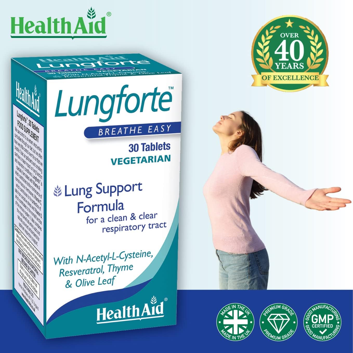 HealthAid LungForte 30 Tablets – Daily Antioxidant Lung Support with NAC, Resveratrol, Olive Leaf, Thyme & Vitamins A, C & D3 – Vegetarian, Non‑GMO HealthAid Au supplements