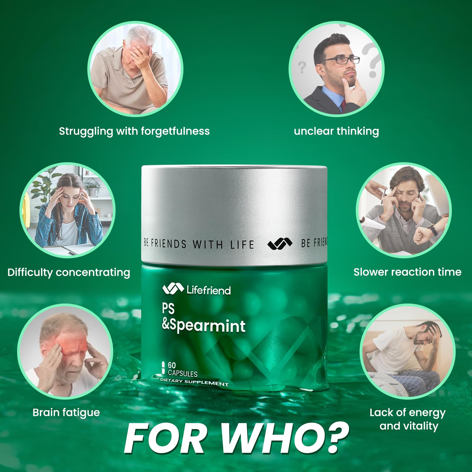 PhosphatidylSerine Memory & Focus Supplement with DHA, Spearmint, Magnesium & Ashwagandha – Brain Clarity, Stress Relief & Cognitive Support – Gluten-Free Vegan, 60 Capsules LIFEFRIEND Au supplements