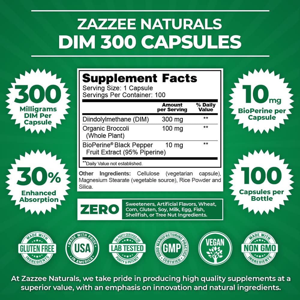 Zazzee Extra Strength DIM 300, 10 mg BioPerine and 300 mg DIM per Capsule, 100 Vegan Zazzee Au supplements