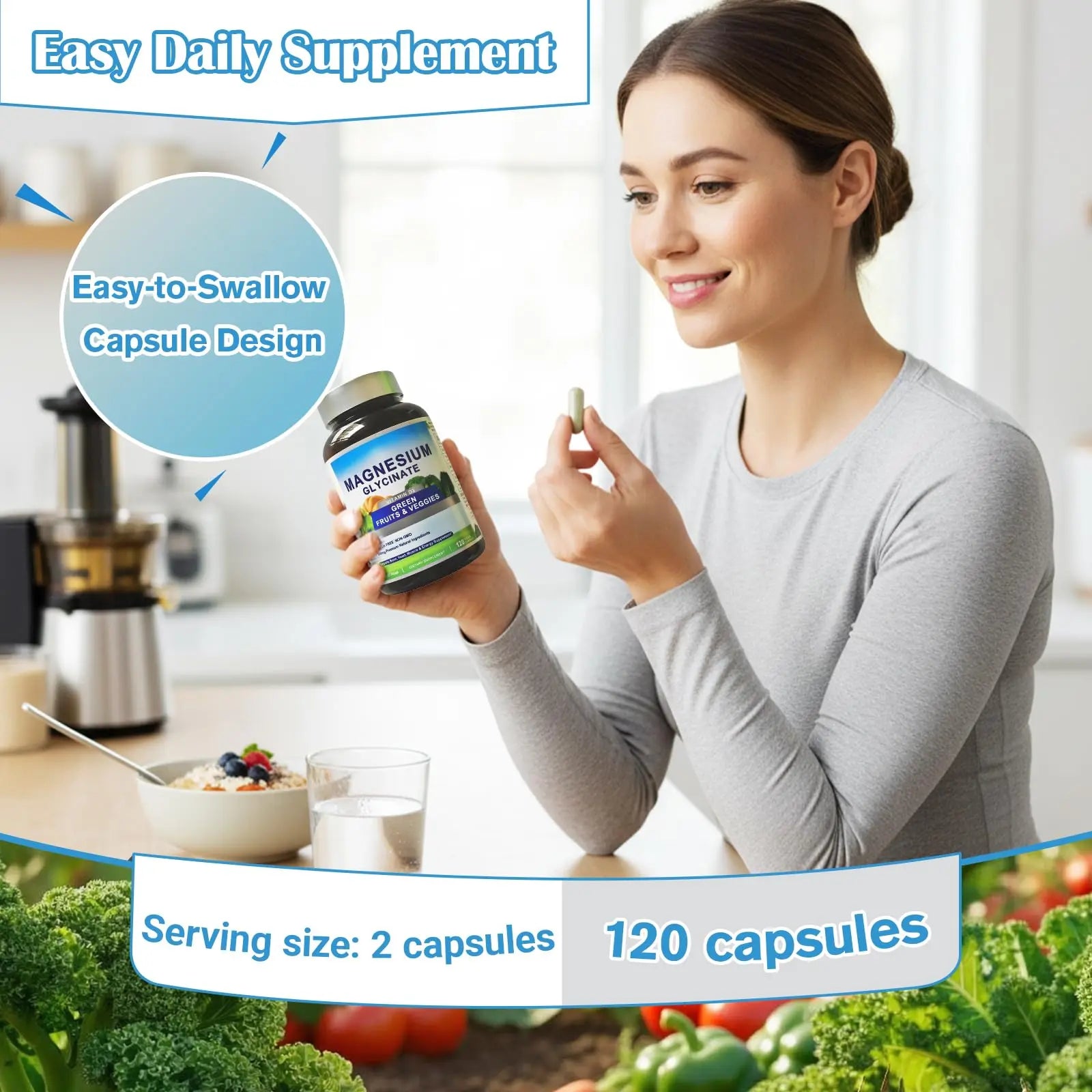 Magnesium Glycinate 500mg with Vitamin D3 – High Absorption Magnesium Supplement with Veggies Design – Supports Bone & Muscle Function and Energy – Non-GMO, Gluten-Free – 120 Veg Capsules FrexNutri Au supplements